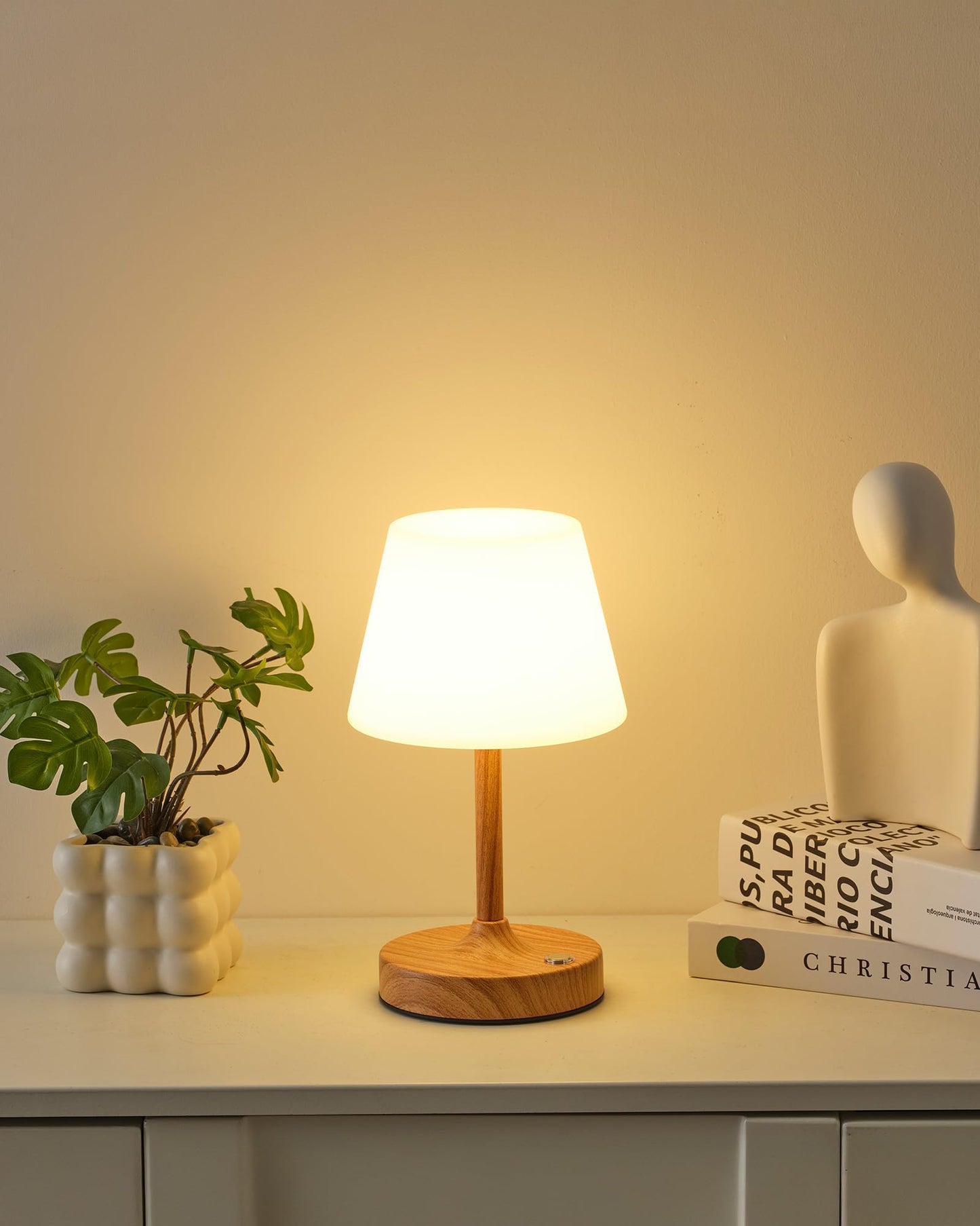 PUSU Cordless LED Wood-Grain Small Table Lamp, Waterproof Shower Light with 4000mAh Battery, Portable Rechargeable Touch Dimming Night Light for Bathroom, Outdoor Camping, Kitchen, Patio, Restaurant