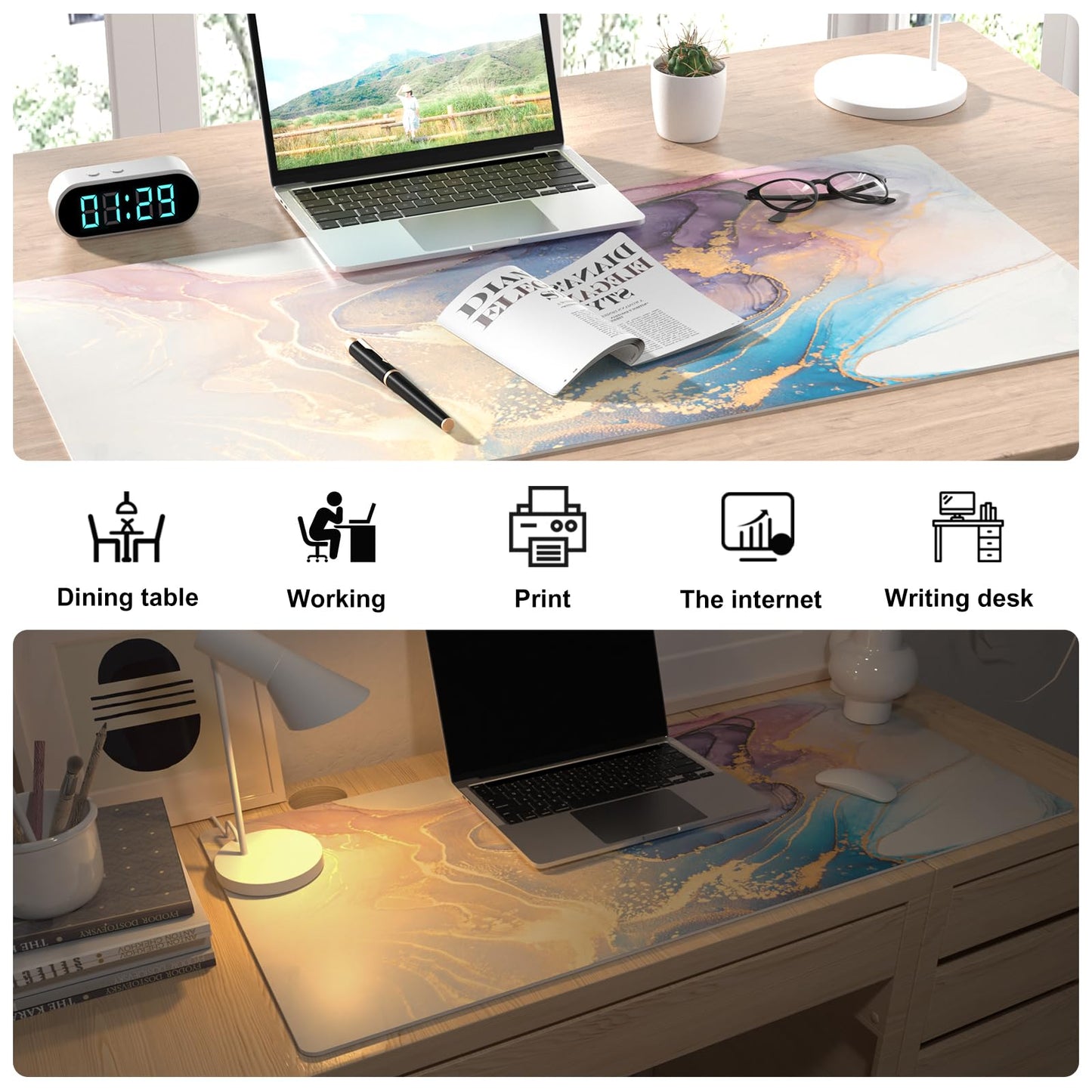 Colorful Star Waterproof Blue Purple Marble Desk Pad, Leather Desk Mat Large Keyboard and Gaming Mouse Pads for Office, Non-Slip Writing Pad Desk Accessories for Women Men 31.5"x15.7"