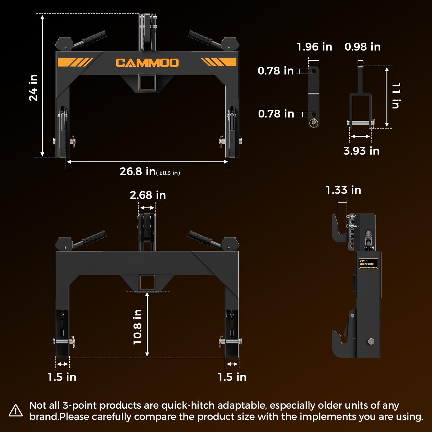 CAMMOO 3-Point Quick Hitch with 2" Receiver&Extra Versatile Adapter, Adaptation to Category 1, No Bushing Required, 3000LBS Lift Capacity, 5 Level Adjustable Bolt &Reinforcing Rib Design (Black)