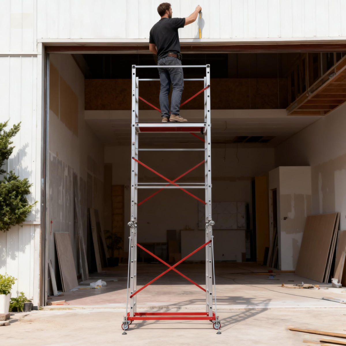 APARECIUM 18‘ Aluminum Scaffold Tower, Multipurpose Rolling Scaffolding Work Platform, Utility Scaffolding Tower, Adjustable Work Platform with Hatch Deck and Guard Rail, 500 Lbs Duty Rate