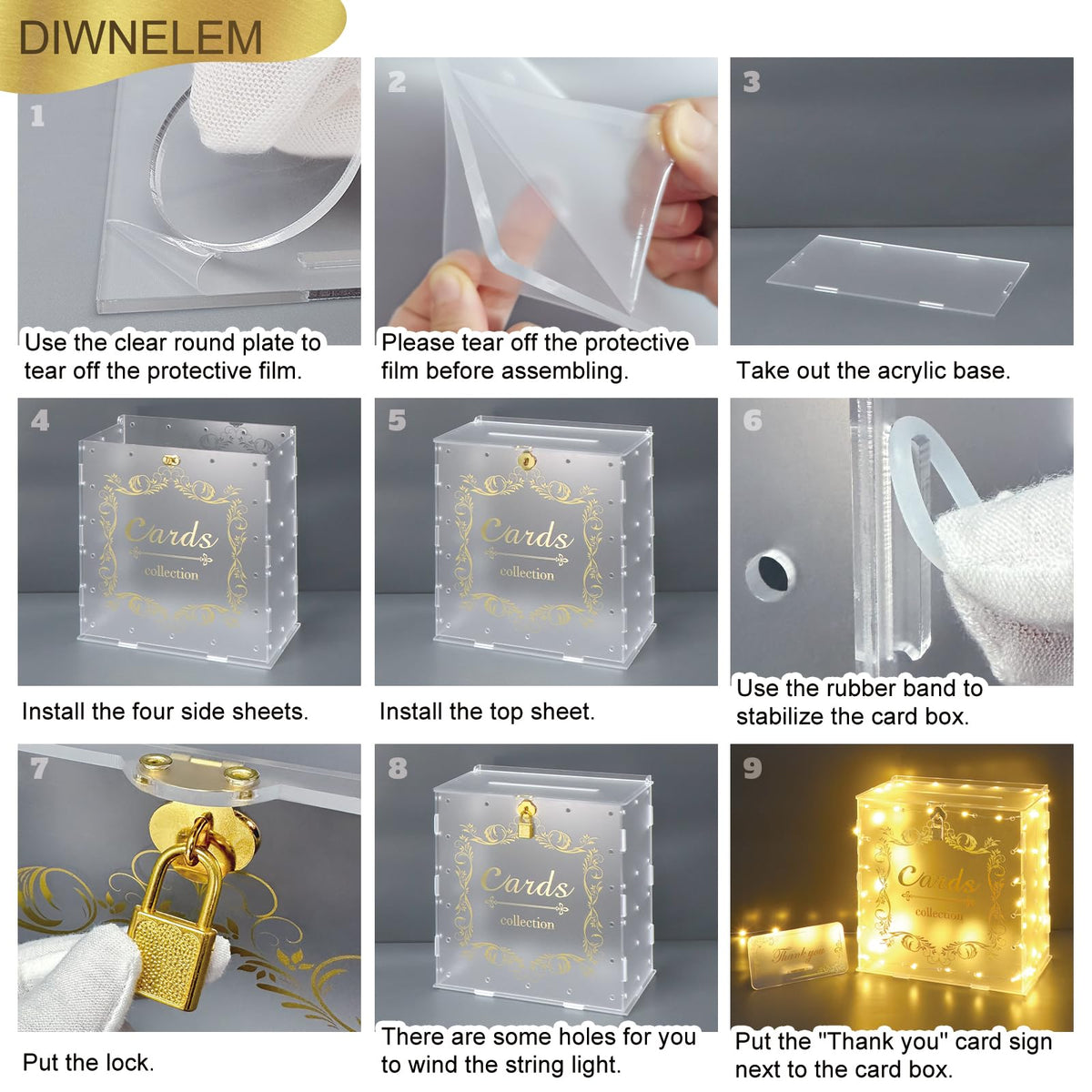 DIWNELEM Acrylic Wedding Card Box with Lock String Light Frosted Large Card Box for Wedding Letter Box Envelope Box Acrylic Gift Card Box Money Box for Party Birthday Reception