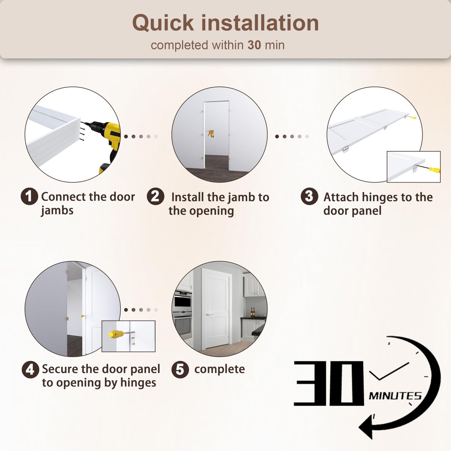 JUBEST 32"x80" Left-Hand Prehung Interior Door with Knock Down Jamb Kit & Satin Nickel Hinges, 2-Panel White Primed Hollow Core Molded Door Slab with Bore & Hinge Cutout, Durable & Sturdy, No Handle