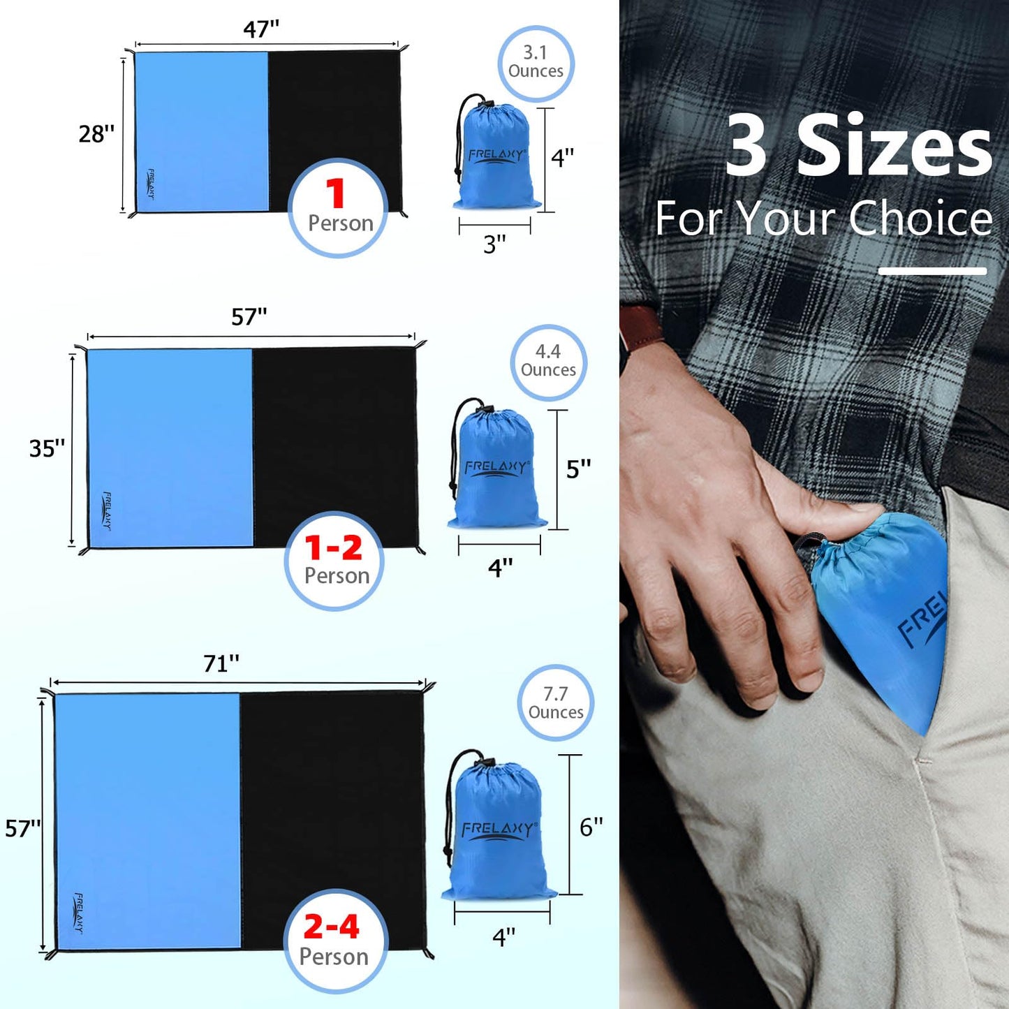 Frelaxy Pocket Picnic Blanket, Waterproof Sandproof Beach Mat, Compact Camping Tarp for Festivals, Hiking, Travel, Outdoor Recreation (Blue, 28'' x 47'')