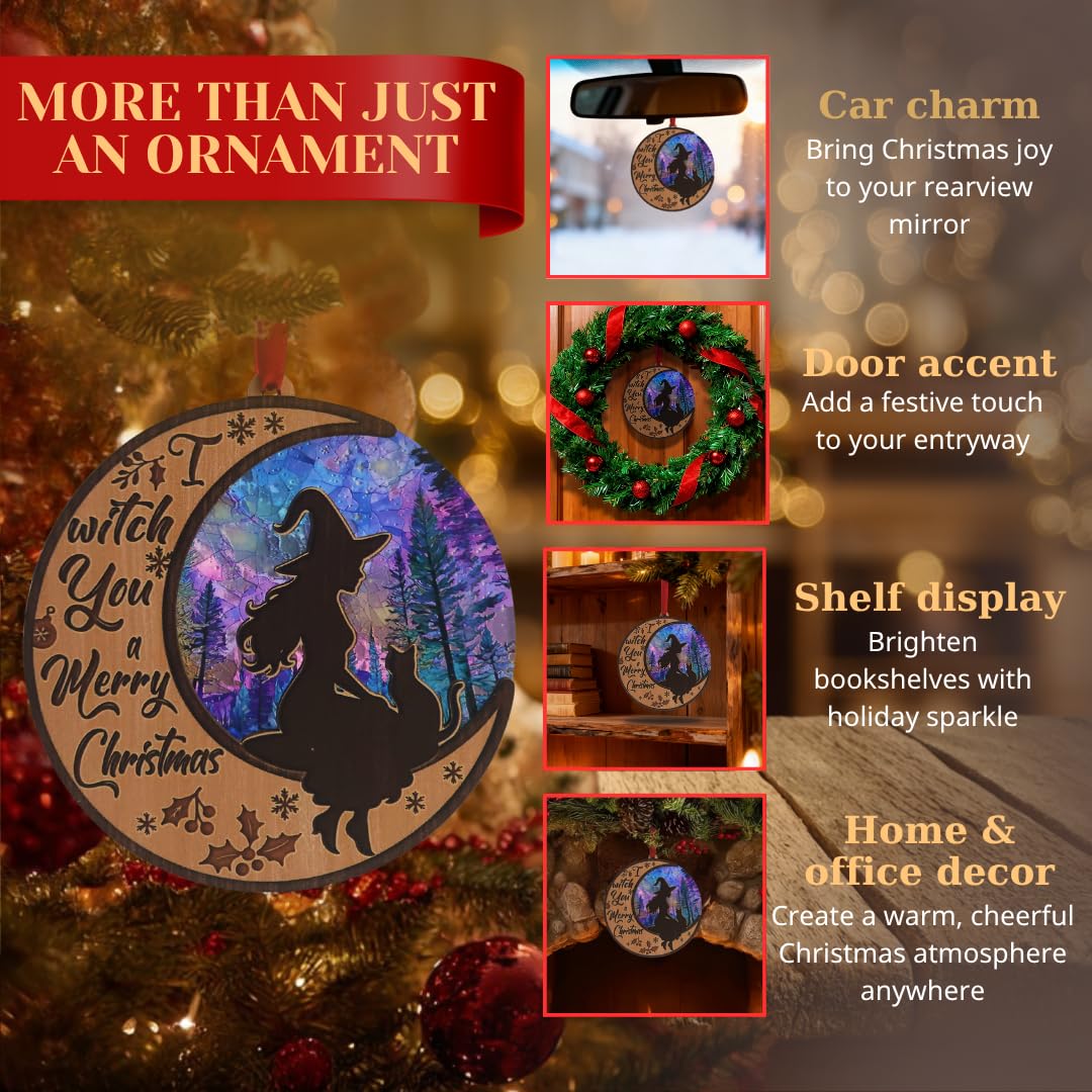 Witchy Christmas Ornaments, Shatterproof 3D Wood and Acrylic Witch Ornament on Crescent Moon, Magical and Gothic Holiday Decoration for Christmas Tree, Unique Spiritual Gift for Women, Friends
