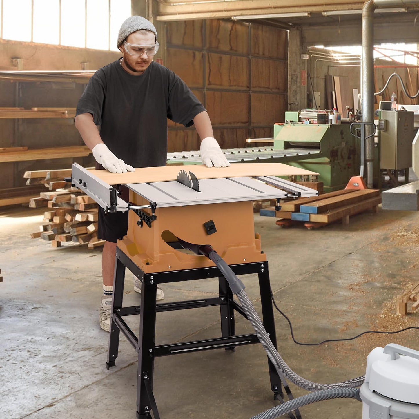 Table Saw, 10 in 15A Multifunctional Saw with Stand & Push Stick for Jobside, 90° Cross Cut & 0-45° Bevel Cut, Cutting Speed Up to 5000RPM, Adjustable Blade Height, Ideal for Woodworking, Orange