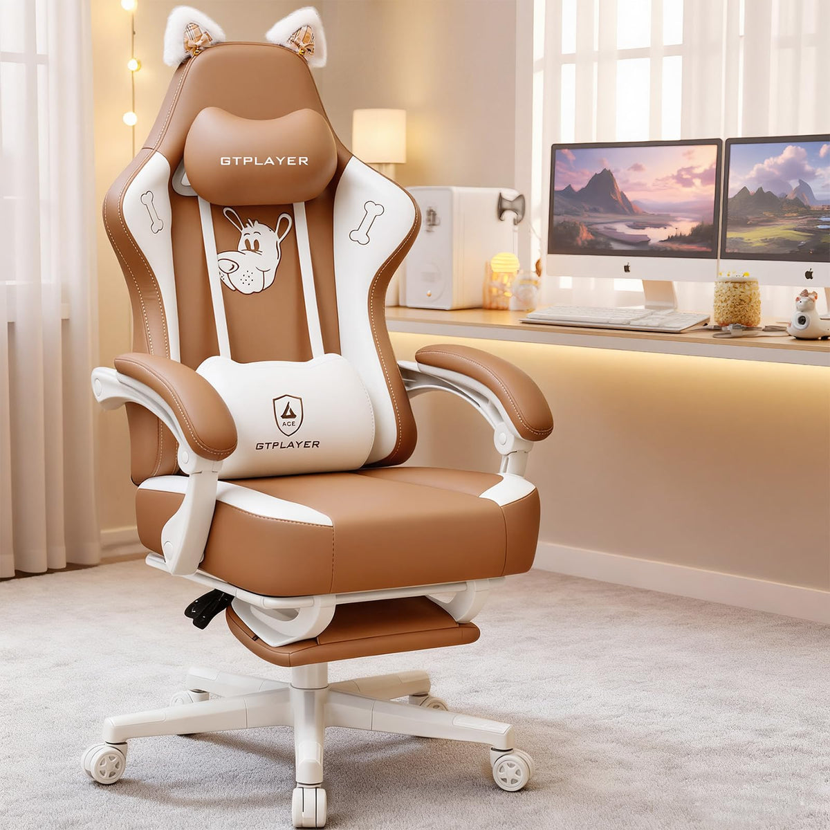 GTPOFFICE Gaming Chair Cute with Cat Ears, Ergonomic Computer Chair with Footrest Cat Paw Lumbar Support Comfortable Reclining Game Chair Desk Chair for Adult,Teens, Soft Fabric,Soft-Red