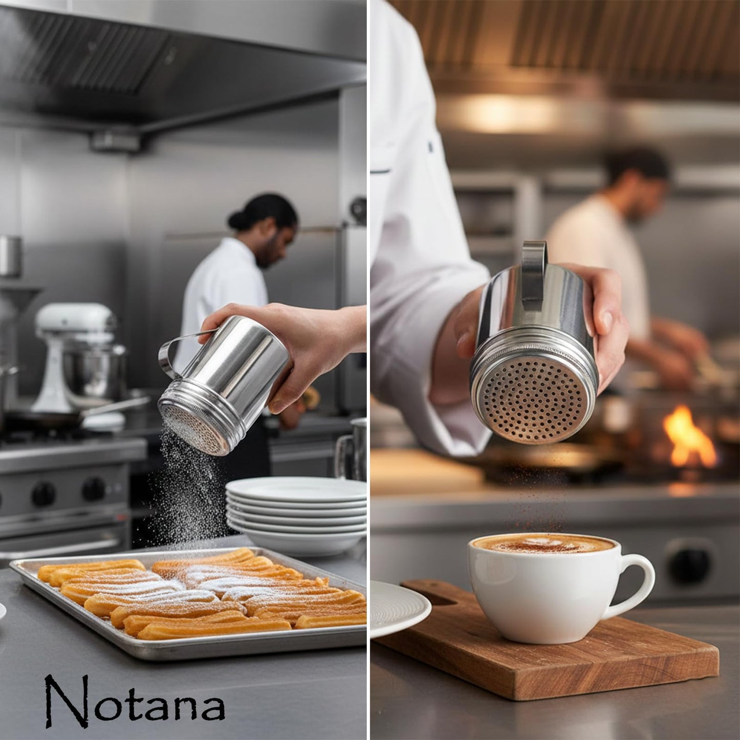 Notana Stainless Steel 10 Ounce Dredge Shakers with Handle for Powder Sugar, Flour Duster for Baking, Seasoning Shaker, Salt and Pepper Shakers, Cinnamon Sugar Dispenser for Kitchen (2-PACK)