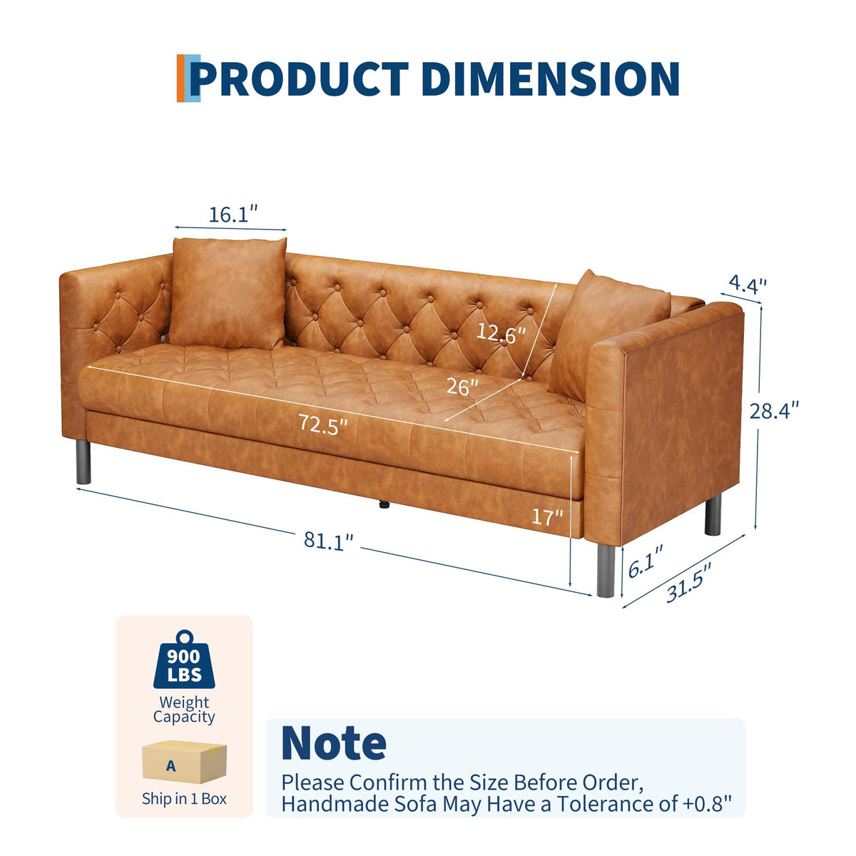MilleLoom Mid Century Modern Leather Sofa 81 Inch, Chesterfield Style 3 Seat Couch with Deep 26" Seats, Button Tufted Upholstery, Includes 2 Pillows for Living Room, Apartment or Office, Orange