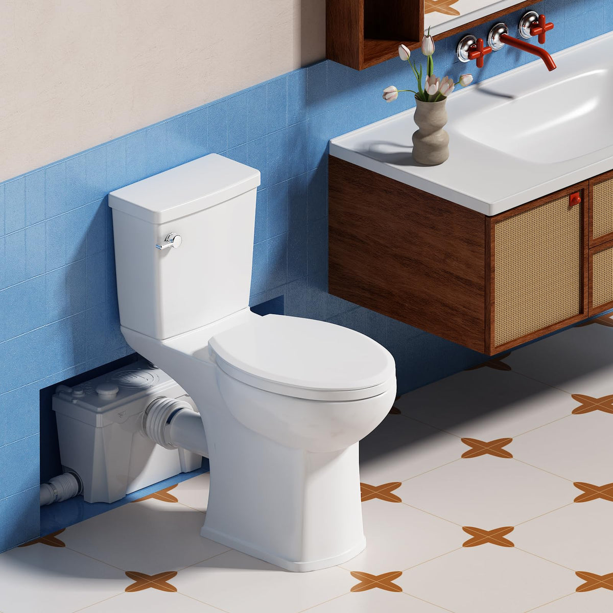 Upflush Macerating Toilet System – 21" ADA Compliant Tall Toilet with Macerator Pump Durable Copper Grinder with 4 Inlets for Basement Kitchen, Shower, Sink & Laundry, Extension Pipe Included