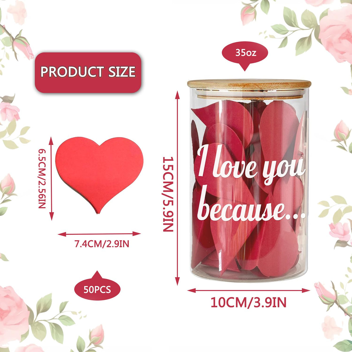 new I Love You Because Jar, Love Notes Jar with 50 Red Heart Shape Note, Gifts for Girlfriend Boyfriend Birthday, Love Message In The Bottle for Mom Dad,Newlywed Gifts for the Couple (love)