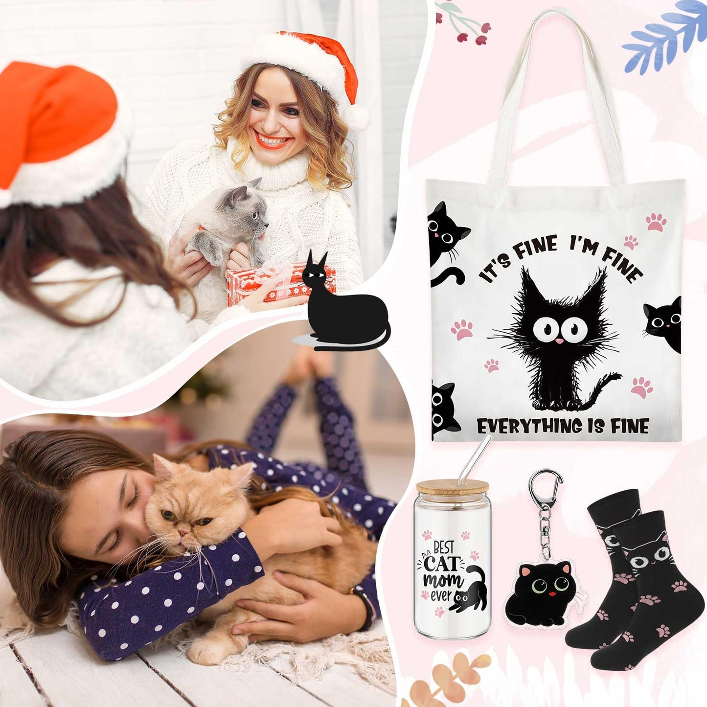 Paterr 4 Pcs Black Cat Gifts for Women, Mother's Day Black Cat Lover Gift for Mom Birthday Decorations, with Canvas Tote Bag 16oz Glass Coffee Cup with Straw Socks Cute Keychain