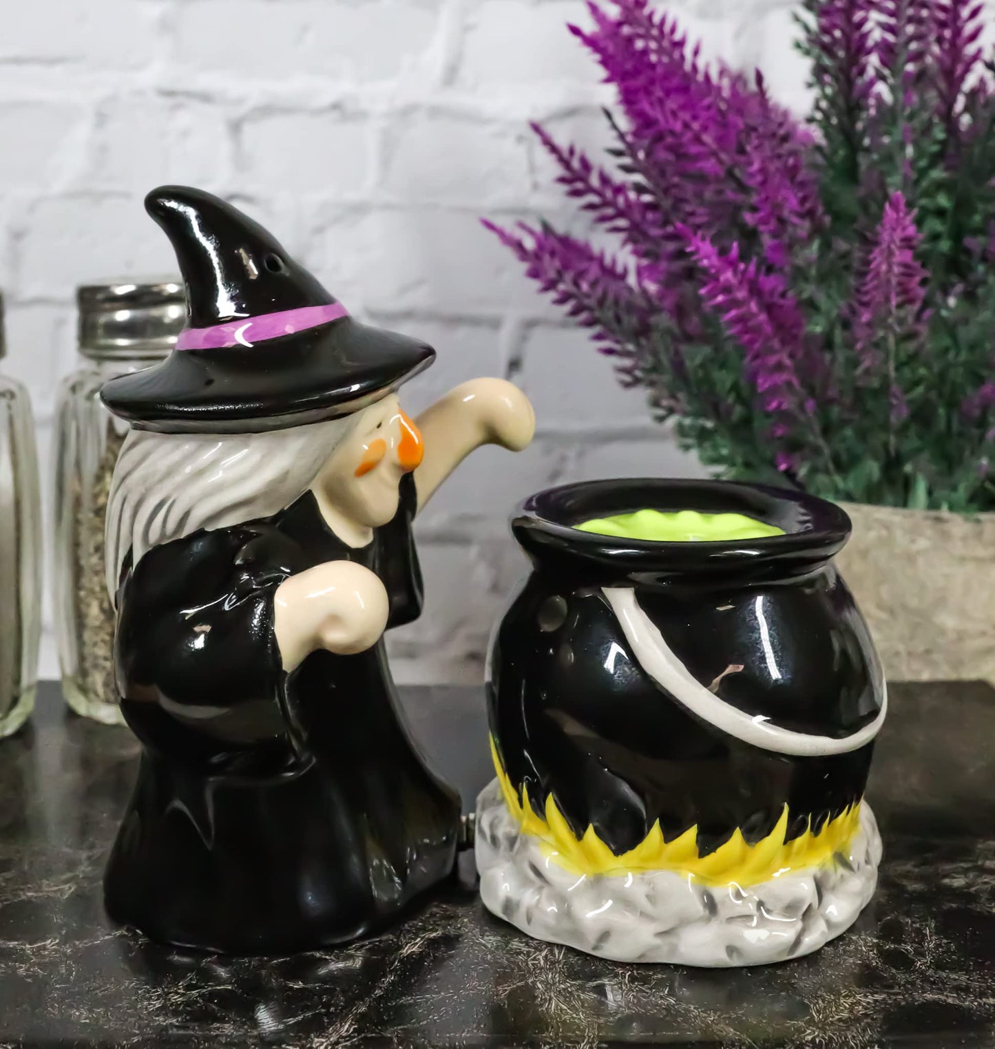 Ebros Gift 'Double Double Toil And Trouble Fire Burn And Cauldron Bubble' Black Potion Magic Witch And Large Cauldron On Fire Hearth Salt Pepper Shakers Set Ceramic Figurines