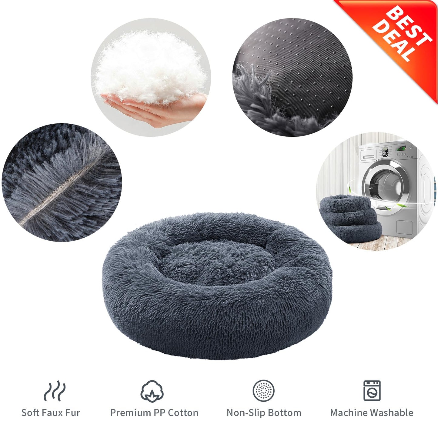 YOJOGEE Calming Donut Dog Bed for Medium Small Dogs Cats, Fluffy Anti AnXiety Dog Beds Washable Puppy Bed Non-Slip Plush Cuddler Warming Round FauX Fur Pet Bed,Dark Grey,60*60cm
