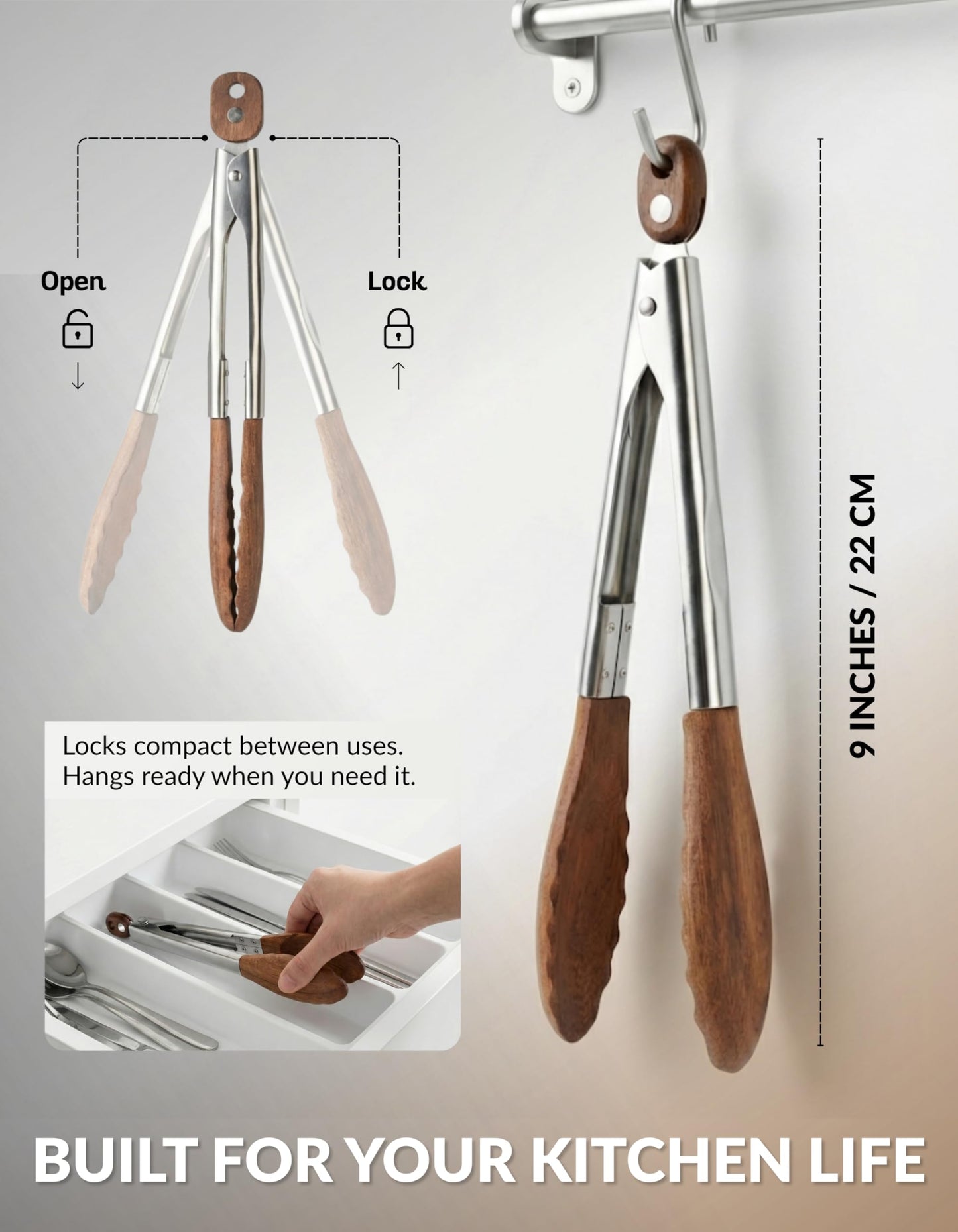 Boxiki Kitchen 9 Inch Tongs for Cooking with Wooden Tips - Nonstick Kitchen Tongs for Serving Food, Cooking, BBQ and Tossing Salad - Made of Walnut Wood