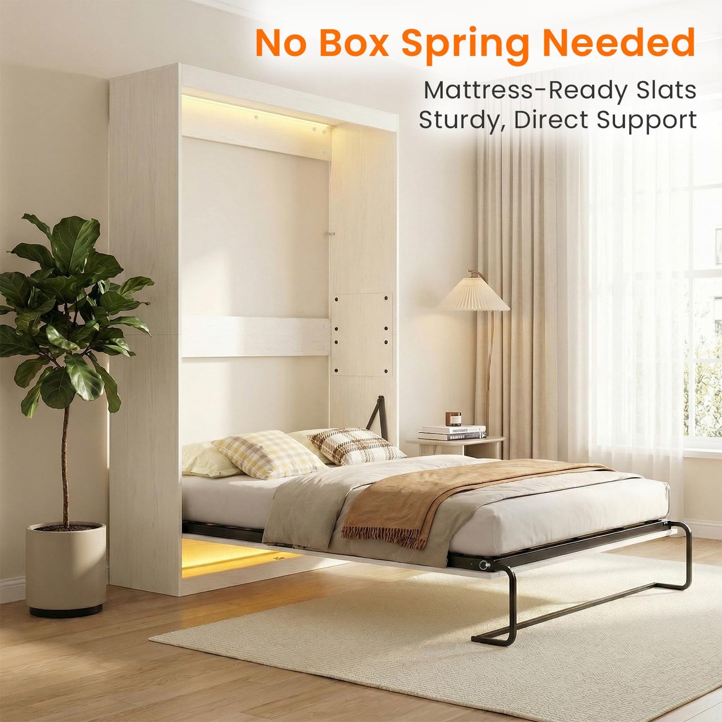 CECER Queen Size Wall Murphy Bed with LED Lights,Queen Murphy Cabinet Beds with Gas Struts,Space-Saving Wall Beds Cabinet Bed for Guest Room/Bedroom-White