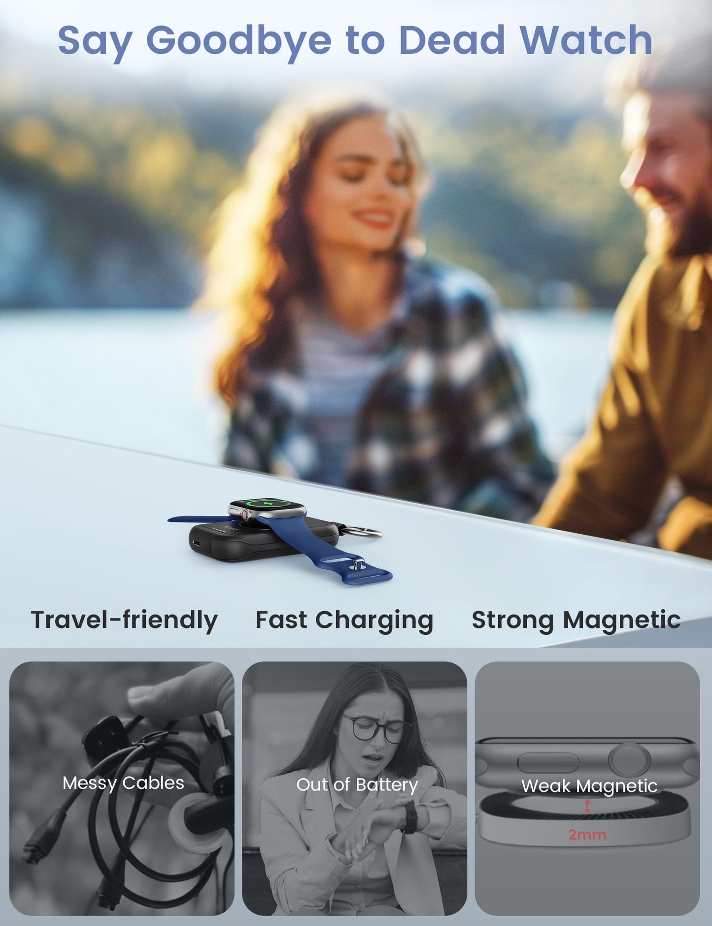 RORRY Portable Charger for Apple Watch, 2500mAh Fast Charging for iWatch Charger, Travel Essentials Gifts with Built-in USB C Cable for Apple Watch Series 11 10 9 8 7 Ultra 3 2 SE Accessories, Black