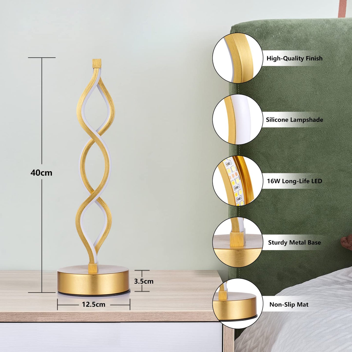NUÜR Gold Infinity Spiral LED Table Lamp, Lamps for Bedrooms Dimmable Metallic Bedside Lamp with Touch Controller, 3 Colour Temperature, 15.8 Inch Height for Living Room