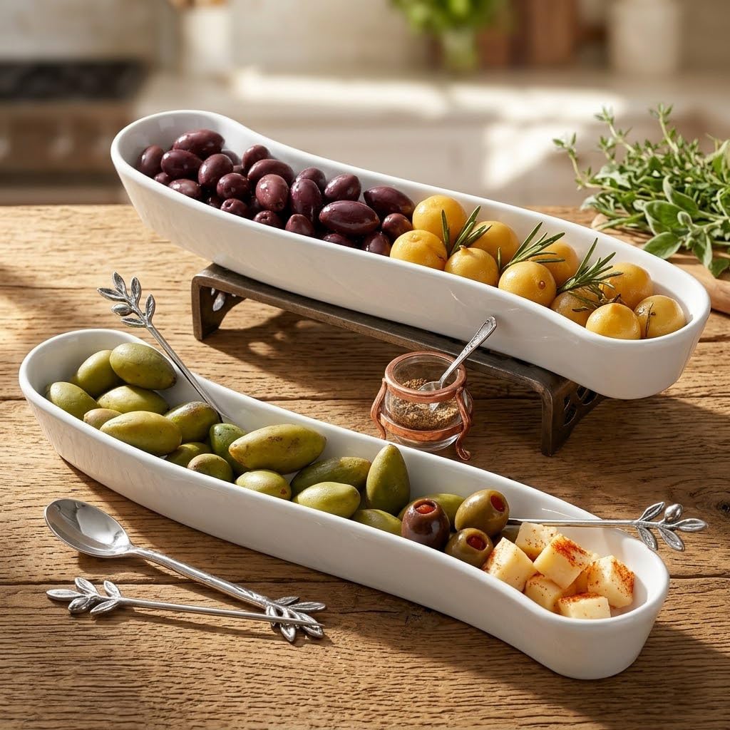 Dizada Olive Plates 3-Pack 12" - White Porcelain Long Arc Boat Trays, Ceramic Appetizer Platter for Charcuterie, Snacks, Entertaining, Dishwasher Microwave Oven Safe