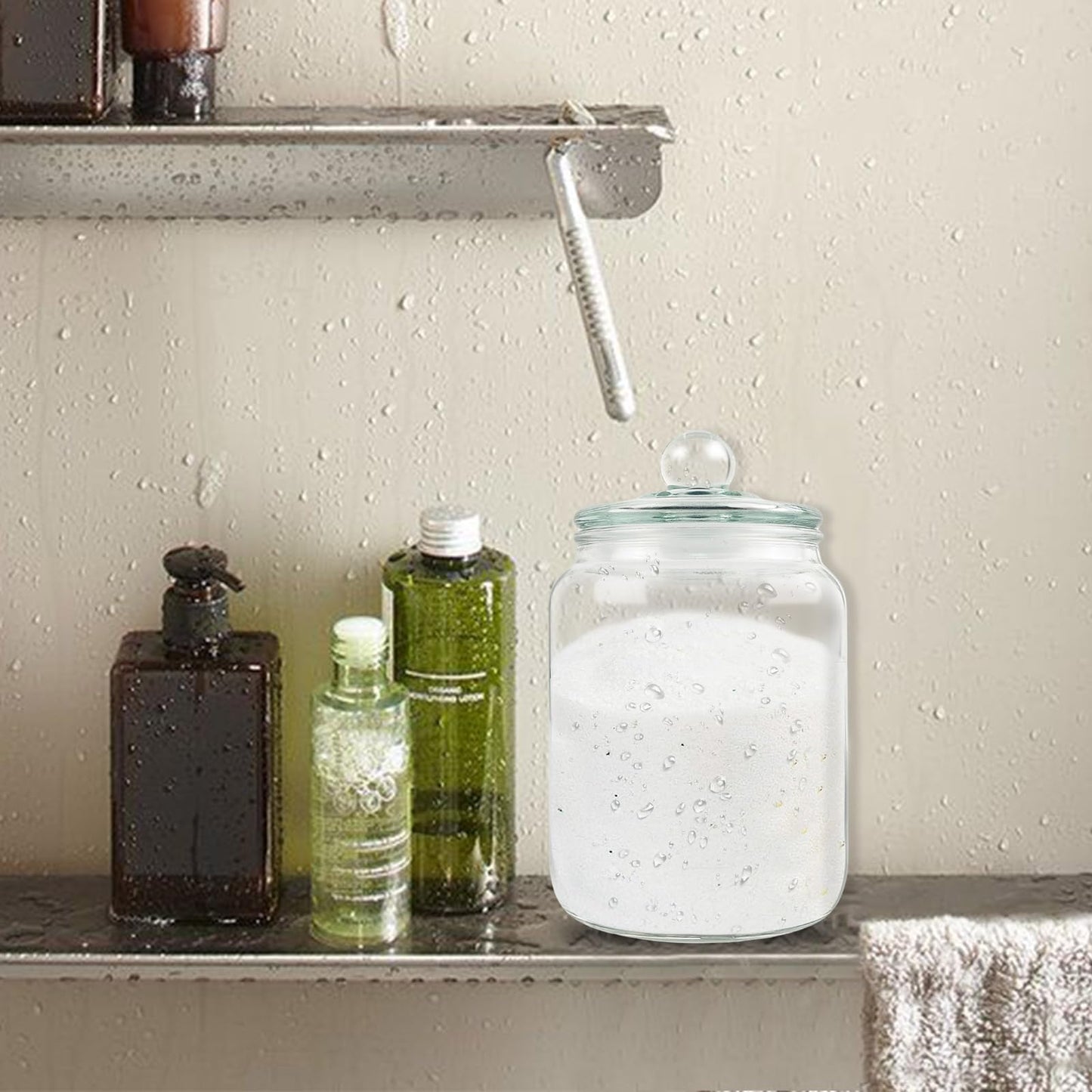 Global BathGlow 70 oz Bath Salt Set - Glass Jar with 2 Wooden Scoop & Airtight Lids, 2 Large Storage Canisters for Salt, Candy, Tea, Bath Decor