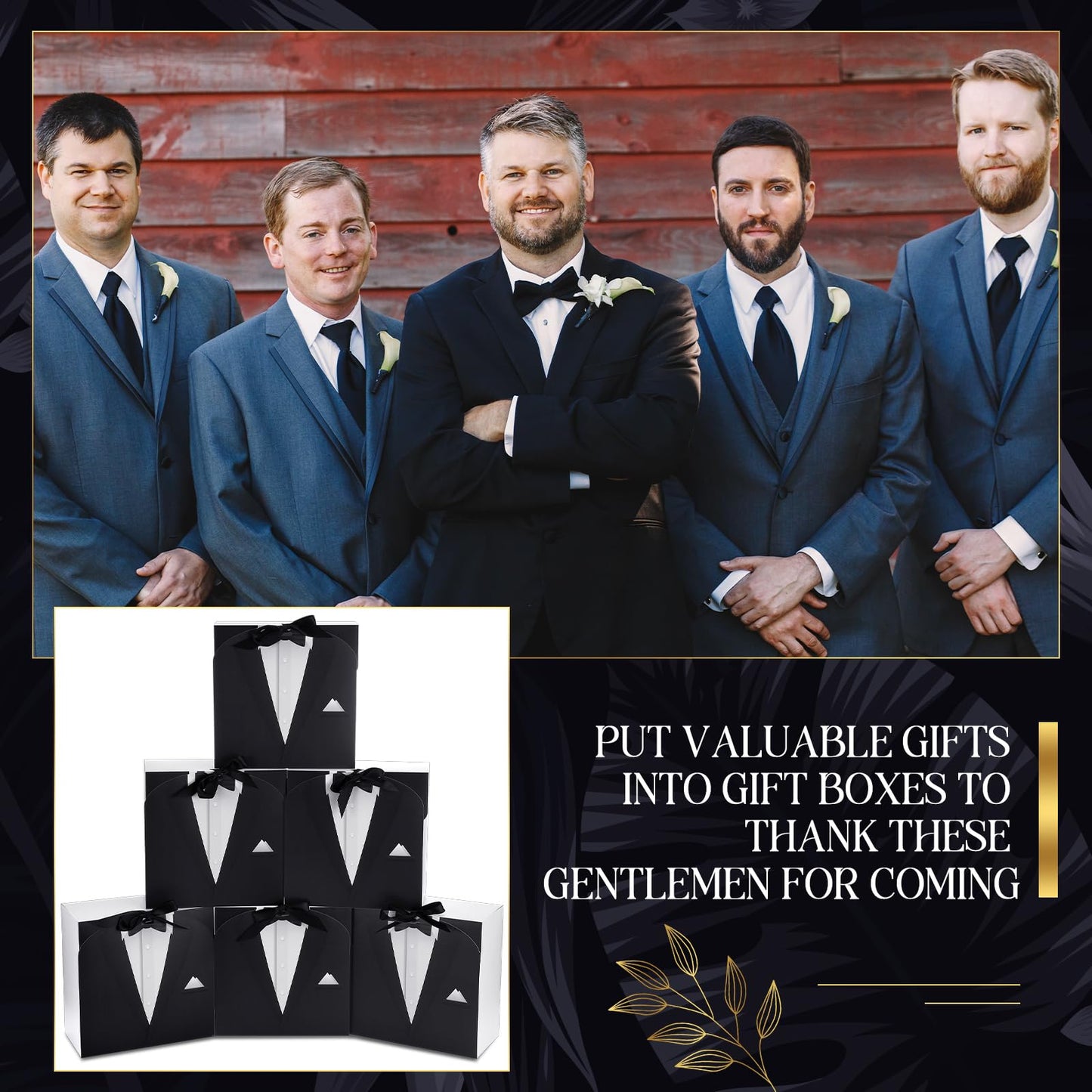 Motipuns Set of 6 Groomsmen Box with Ribbon Groomsman Proposal Gift for Men Paper Gift Boxes for Wedding Birthday Graduation Father's Day, 7.87 x 7.87 x 3.94''(Black)