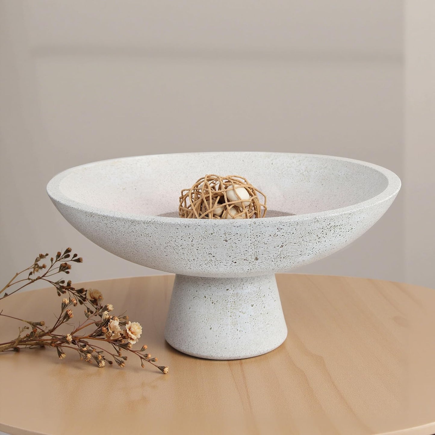 LFLKPY Large Decorative Fruit Bowl - Modern Handcrafted Resin Pedestal Bowl for Kitchen Counter, Entryway Key Holder & Table Centerpiece, Off-White Travertine Stone Bowl