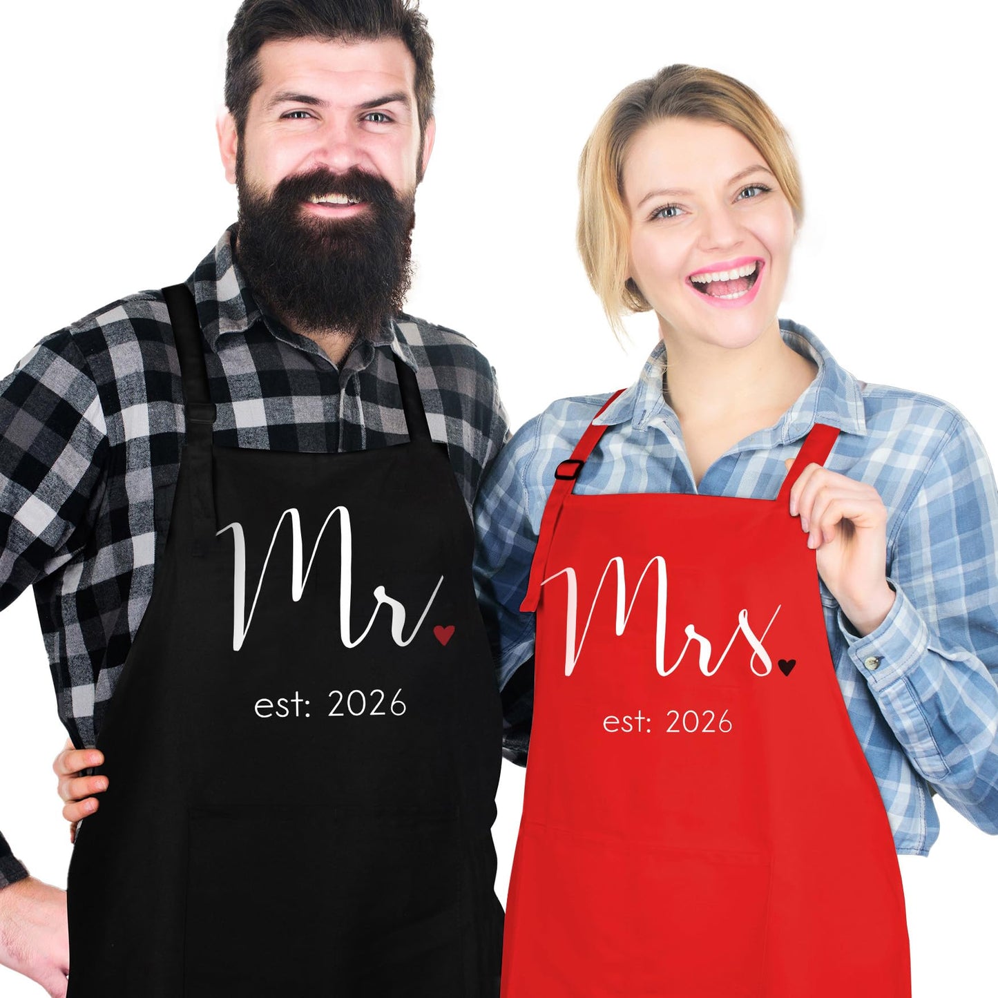 Prazoli Products Mr Mrs Apron Set - Engagement Gifts, Wedding & Bridal Shower Gifts for Couple (Mr. & Mrs. Est: 2026 - Red, Standard)