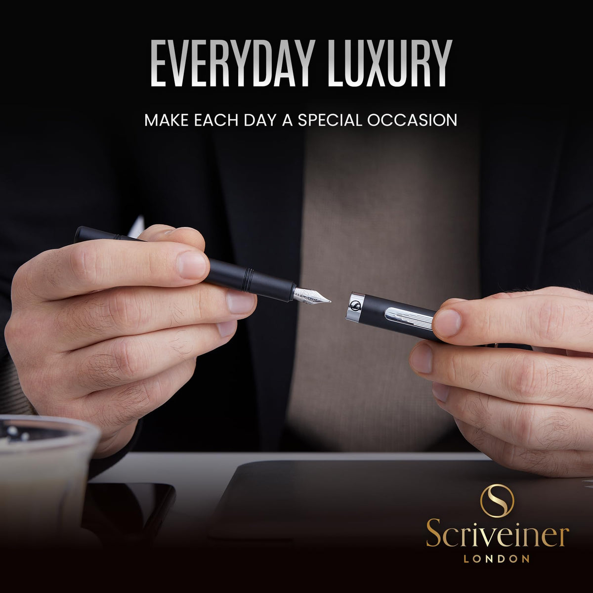 Scriveiner Luxury EDC Fountain Pen (Fine), Stunning Matt Black Pocket Pen, Chrome Finish, Schmidt German Nib, Converter, Best Writing Pen Gift Set for Men & Women, Nice Fancy Office Designer Pen