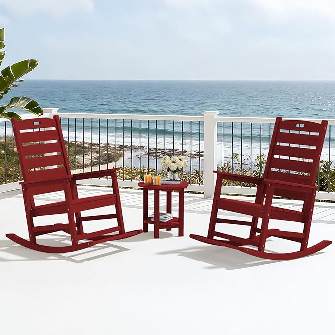SERWALL Outdoor Rocking Chair Set of 2, Oversized Rocking Chair with Footboard for Adults, HDPE All Weather Resistant Rocking Chairs for Patio, 350lbs Weight Capacity,Red