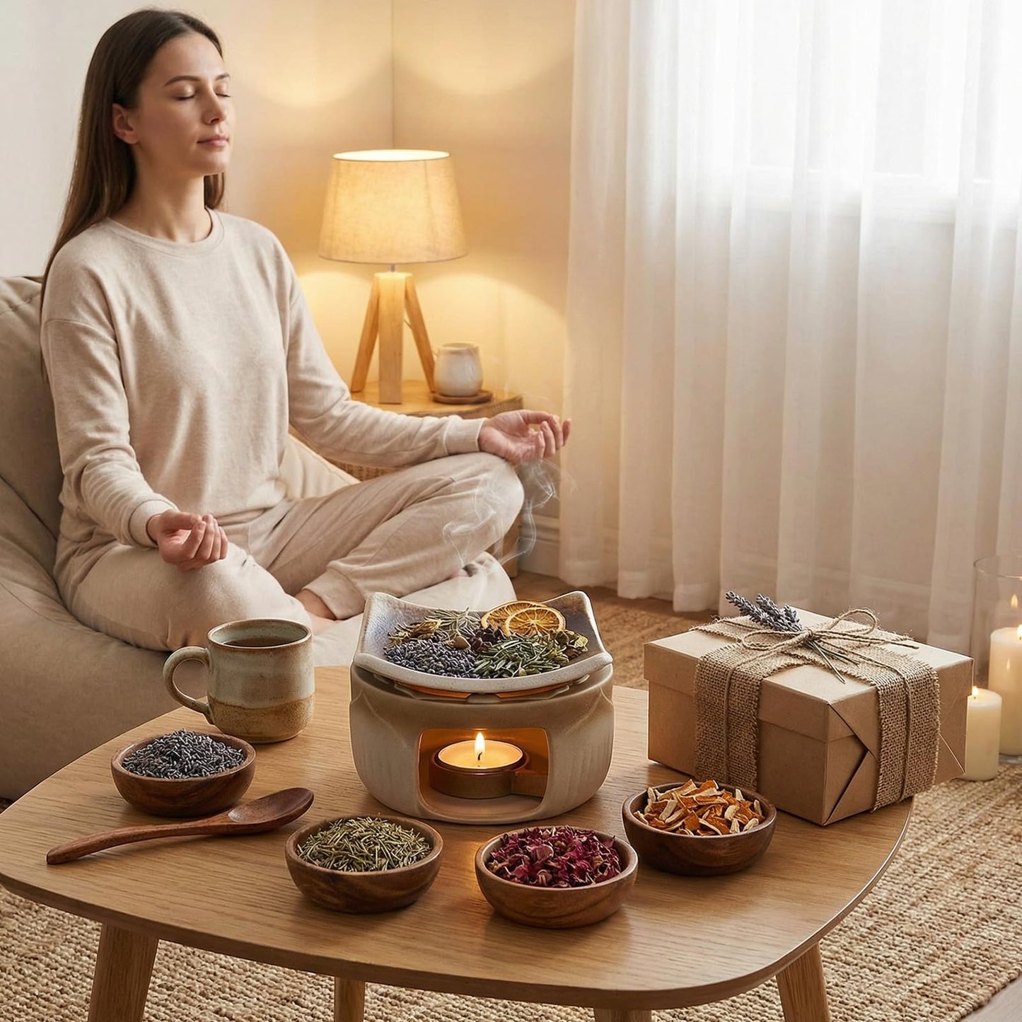 YSZYPETHE Handmade Ceramic Aromatherapy Diffuser,Herb Burner & Candle Wax Warmer with Tealight Holder, Home Fragrance Accessories forRelaxation & Meditation(3.15 * 2.95 * 2.95)