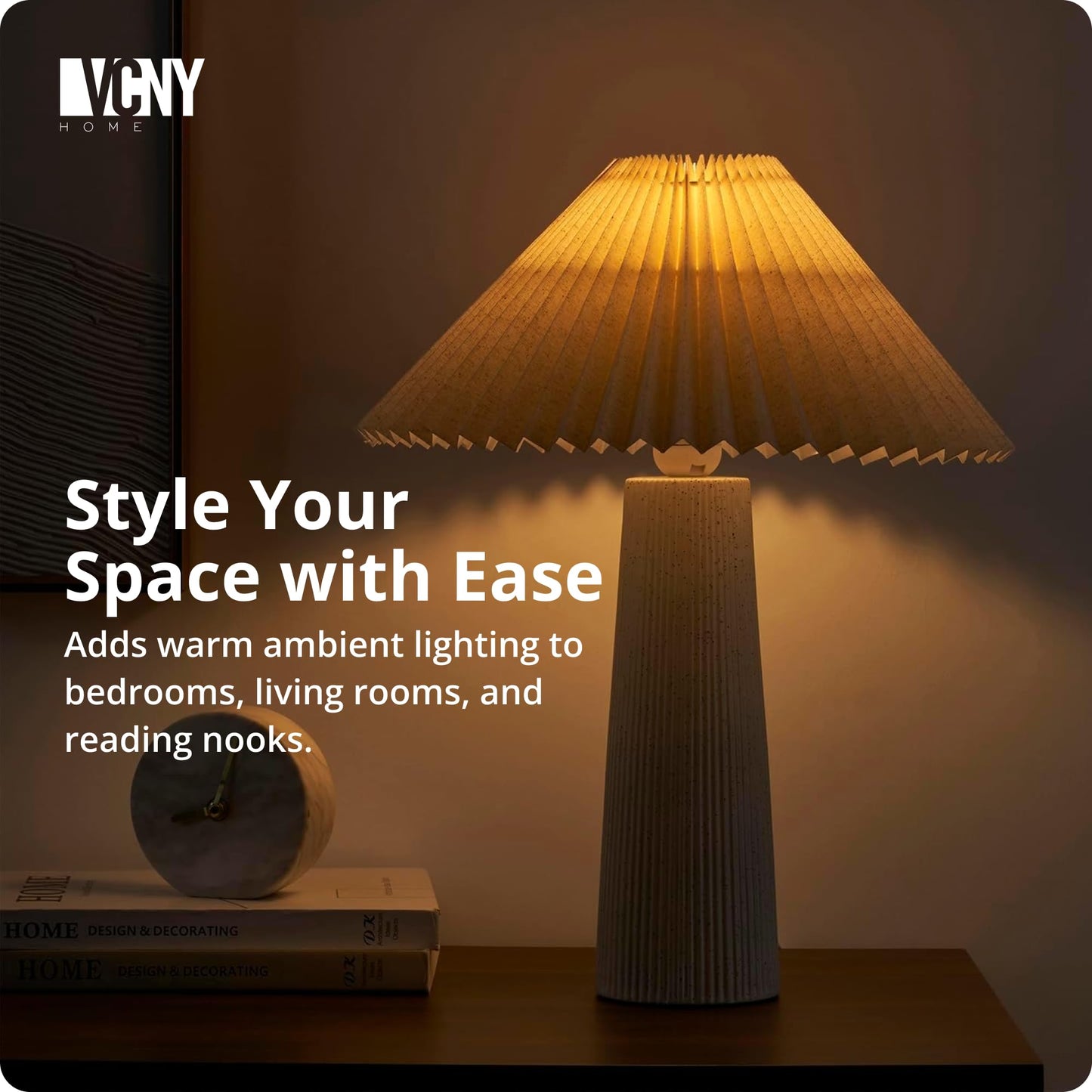 VCNY Home 18" Ivory Ceramic Table Lamp | Pleated Fabric Shade & Cylinder Base | Modern Accent Lamp for Living Room, Bedroom, or Entryway | Elegant Neutral Design | Requires 1 x 60W Max Light Bulb