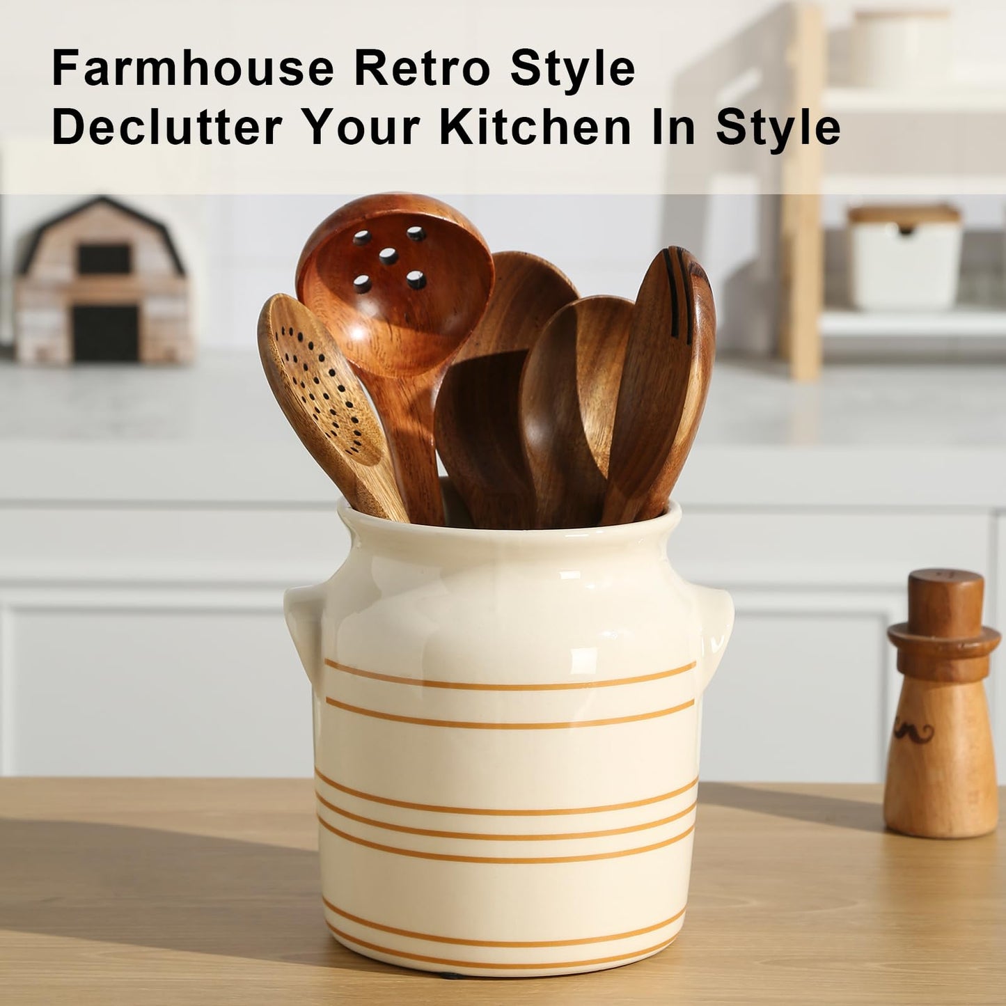 ATLZBLTCI Ceramic Farmhouse Kitchen Utensil Holder for Countertop, Rustic Cooking Utensil Holder Crock Fit for Kitchen Counter. 6*6.8*6.7 IN