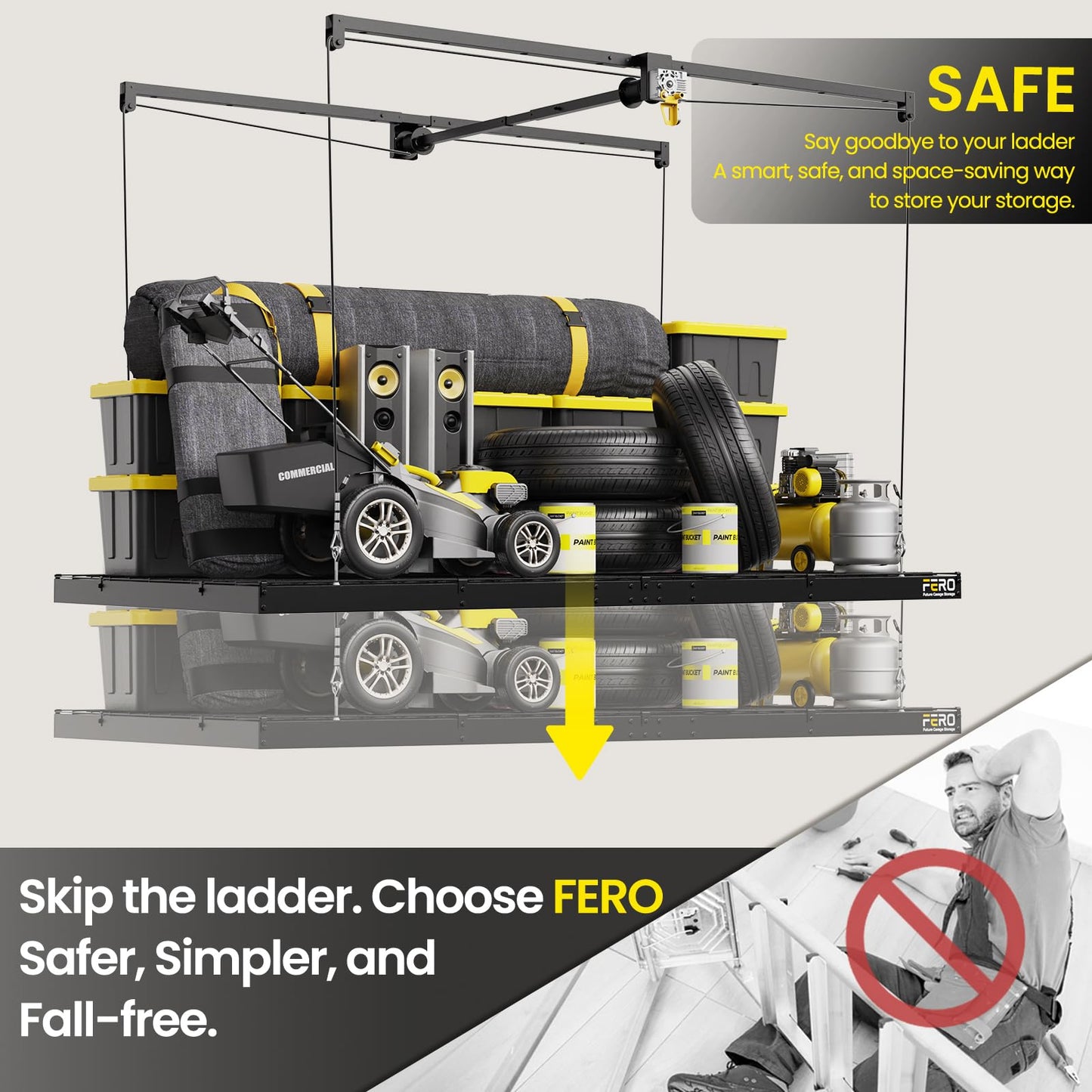 FERO Overhead Garage Storage Rack, 500 lb Capacity, 4x8 FT Garage Ceiling Storage Rack with Safety Lock, Heavy-Duty Ceiling Mounted Lift System, Drop-Down Garage Ceiling Organizer