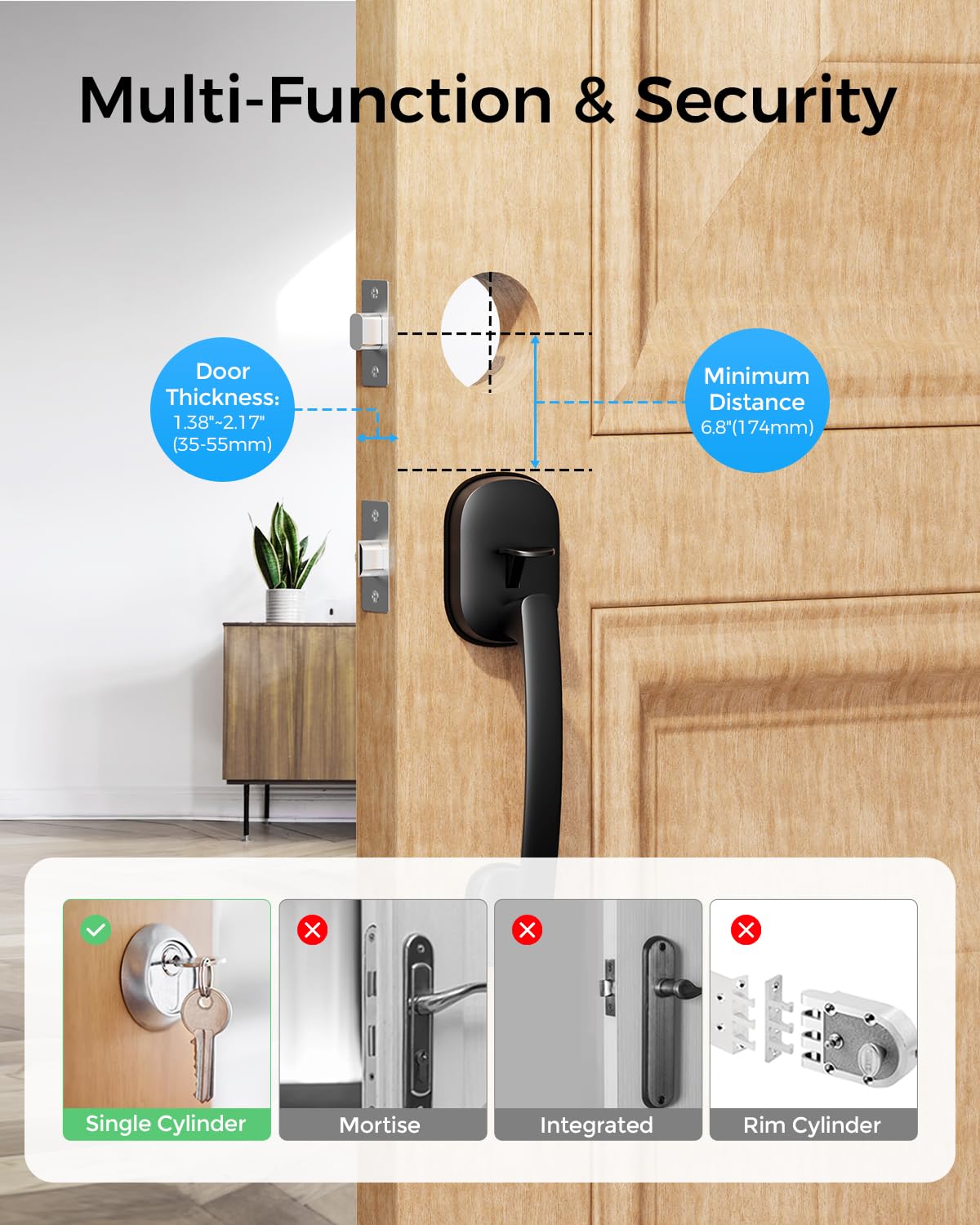 ARPHA Keyless Entry Deadbolt with Handle Set - WiFi Smart Lock with Camera, 5-in-1 Camera+Doorbell+Fingerprint+Keypad, App Control, Auto Lock, Easy Install, Waterproof for Front Door(Black)