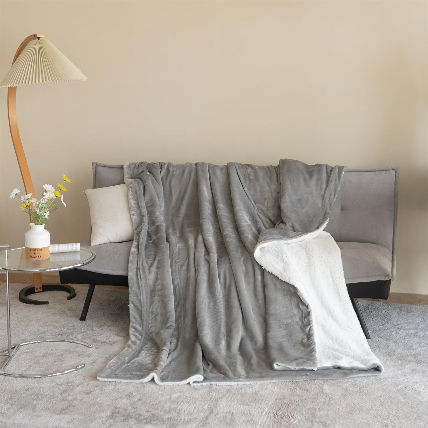 Good Nite Bed Throw Blanket 130x150cm Sherpa Flannel Blankets Fleece Fluffy Throw Lightweight Microfiber Solid for Sofa (Grey, Single)