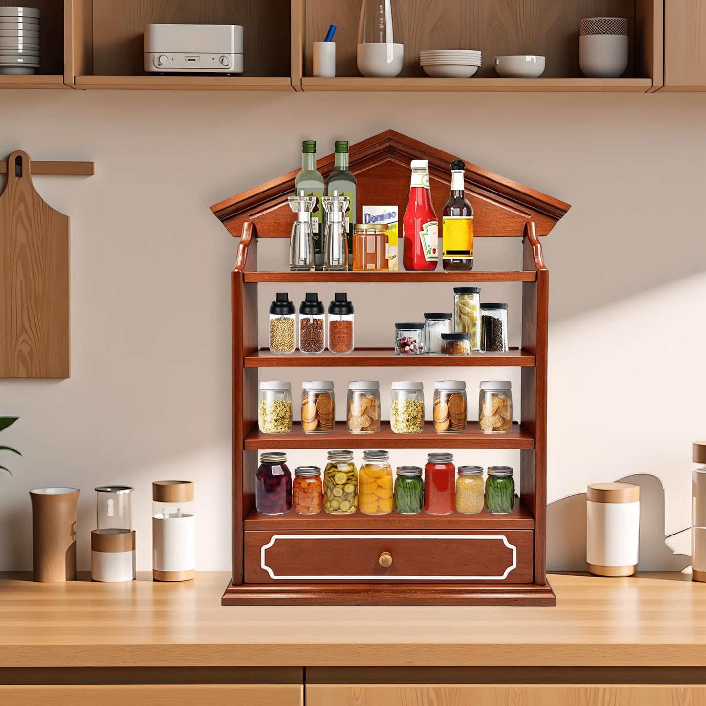 Yudlto Vintage Wooden Spice Rack with Drawer and 4 Shelves, Wall Mounted Spice Village Display Shelf for Kitchen Storage, Holds 24 Jars, 22 x 17 x 4 Inches, Rack Only