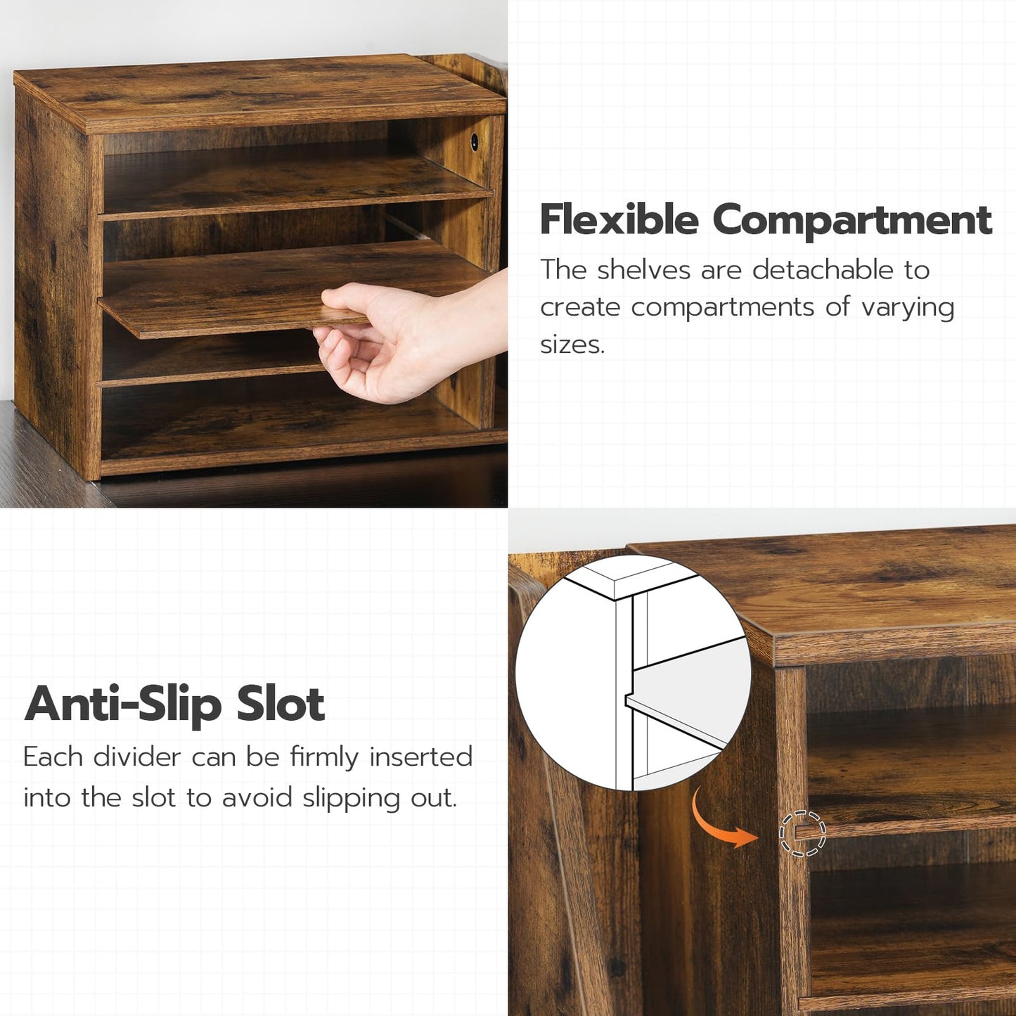 HOOBRO Mail Sorter, Literature Organizer with Adjustable Shelves, Paper Organizer for Office, Home, Wood Countertop File Holders, Mails, Magazines, Rustic Brown FG41WF01