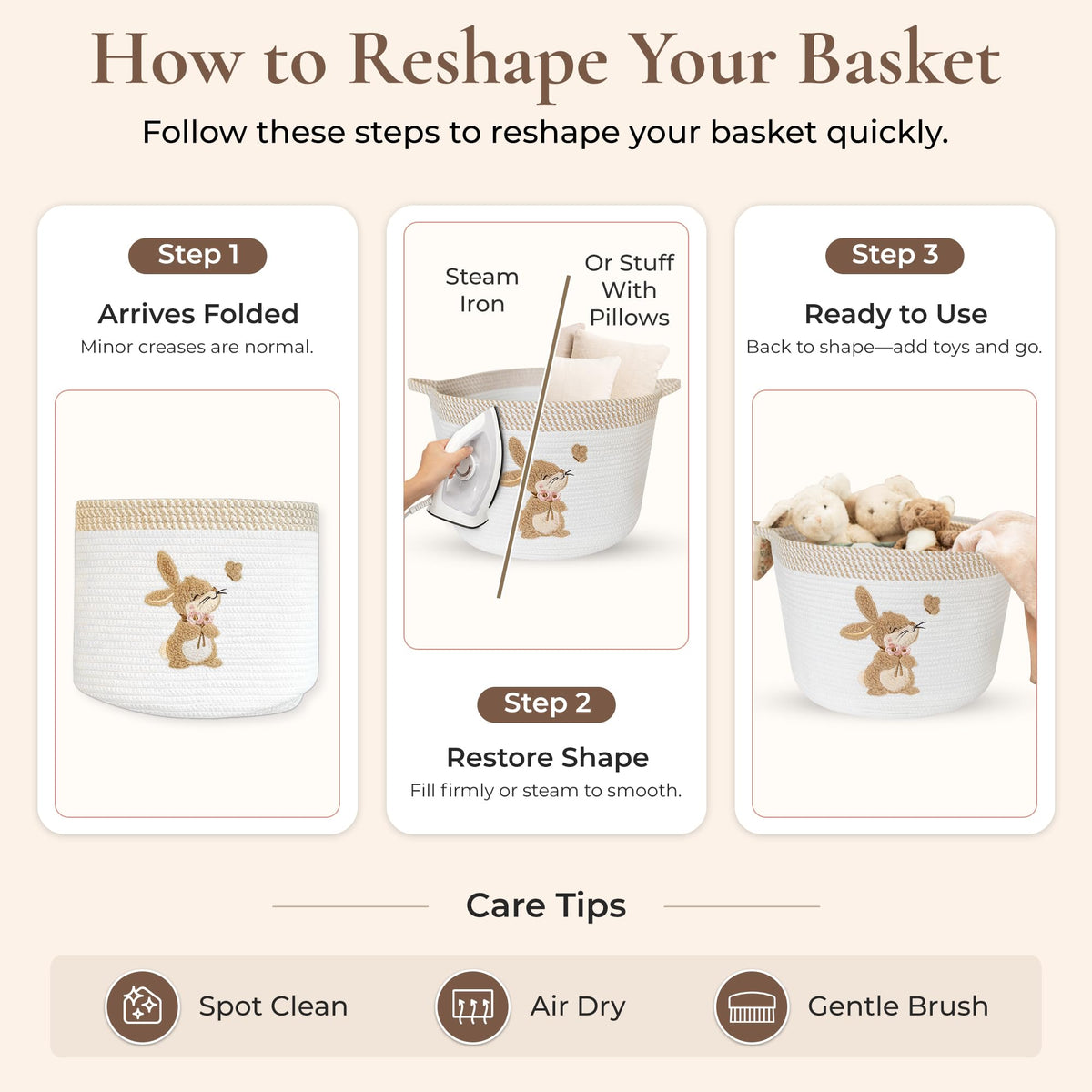 Bunny Storage Basket for Nursery – Large 15"x11" Cotton Rope Bin with Soft Embroidered Bunny Patch – Toy Organizer, Baby Laundry Hamper, Blanket & Diaper Holder – Foldable, Washable & Baby-Safe