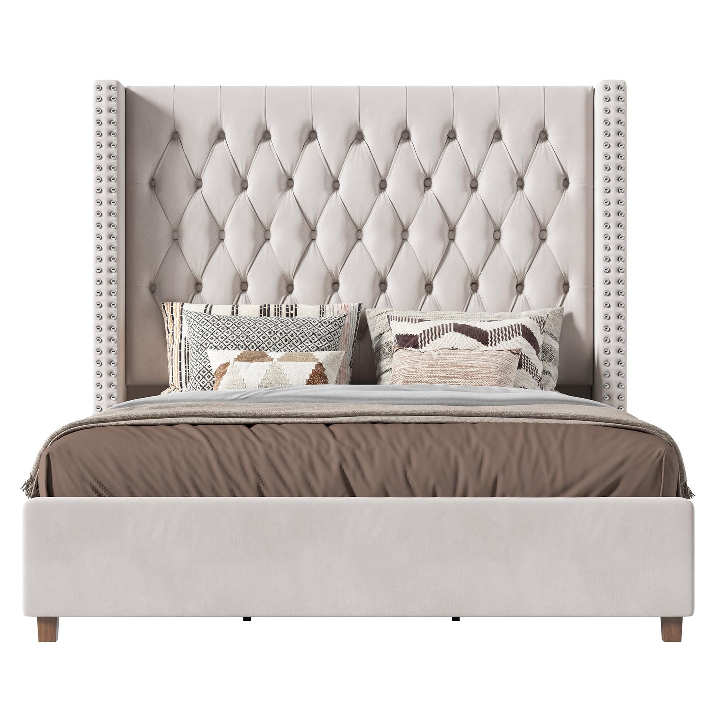 PaPaJet California King Bed Frame with 61.4" Tall Wingback Headboard, Velvet Upholstered Platform Bed, No Box Spring Needed, Noise-Free&Easy Assembly, for Tall Sleepers & Long Master Bedroom, Cream