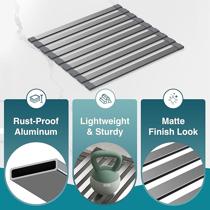Aluminum Roll Up Dish Drying Rack Over The Sink, 17.7" x 13.4" Rust-Proof