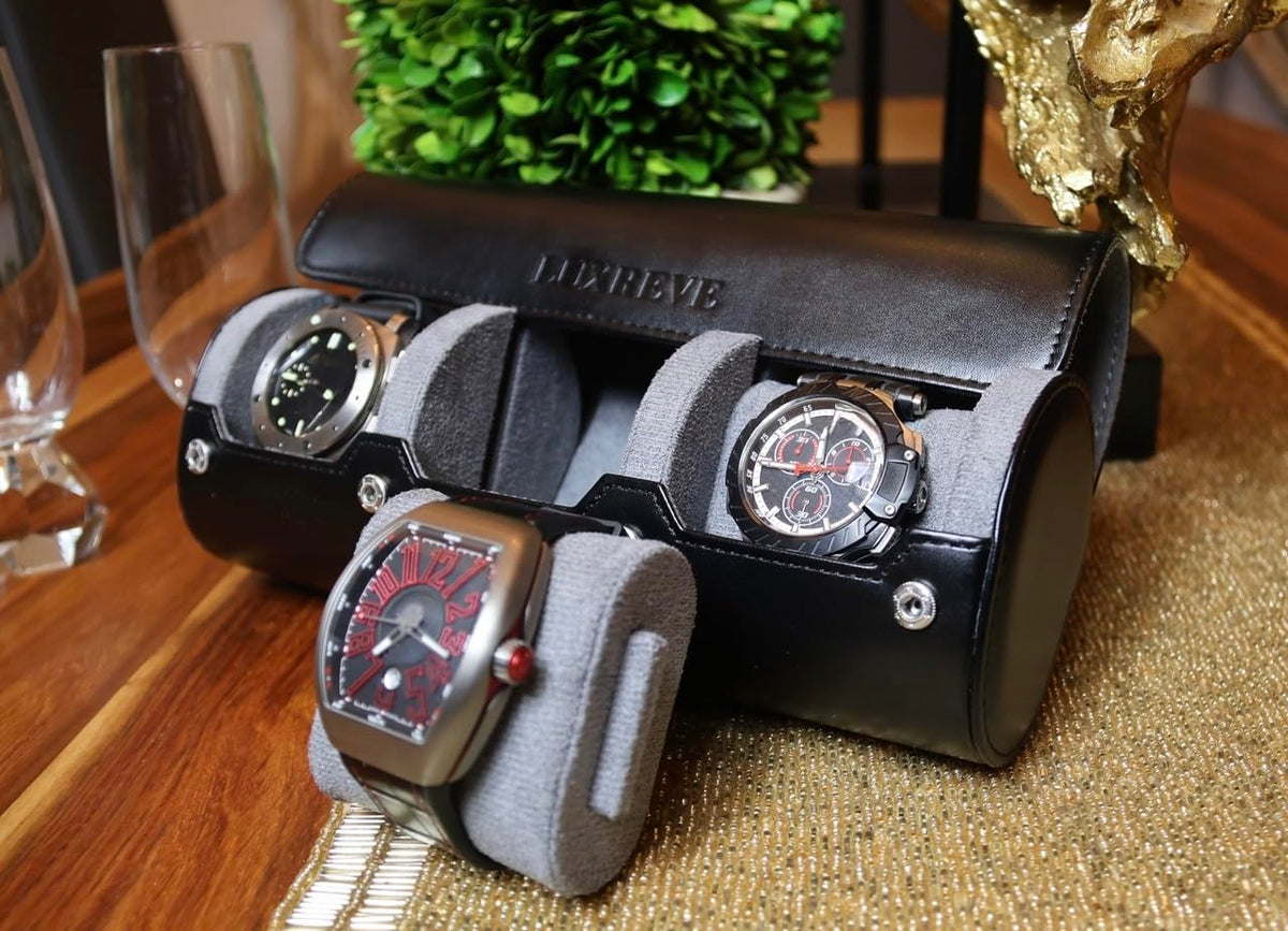 Lux Reve Travel Watch Case 3 slots - Bonus Pouch Included, Portable Watch Box & Home Storage, Gift-Ready, PU Leather Organizer, Angled Easy-Removal Cushions, Velvet Lining, Black