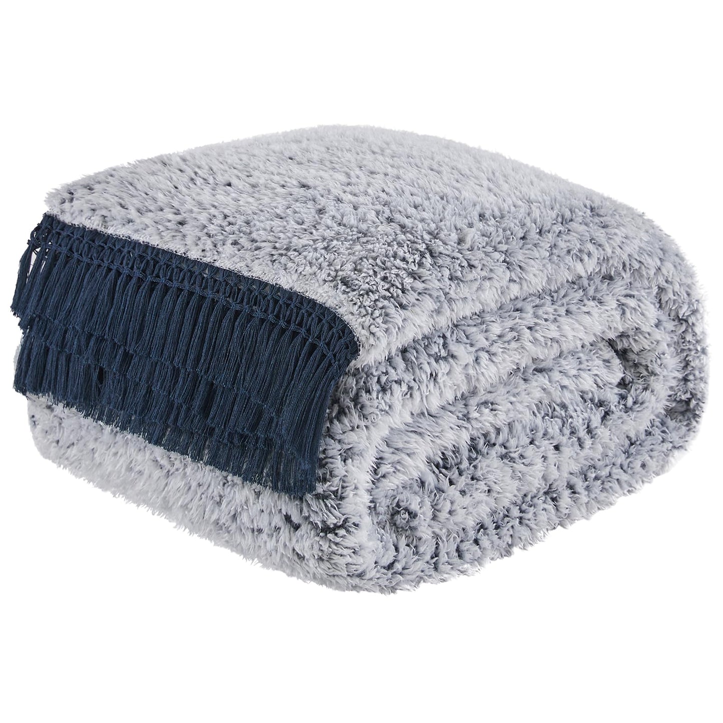 EMME Soft Sherpa Fleece Blanket with Tassel, Reversible Plush Fluffy Large Blanket, Light Weight Warm Decorative Boho Blanket Cover for Sofa, Couch, Bedroom,Travel(Tassel Navy,50"x60")