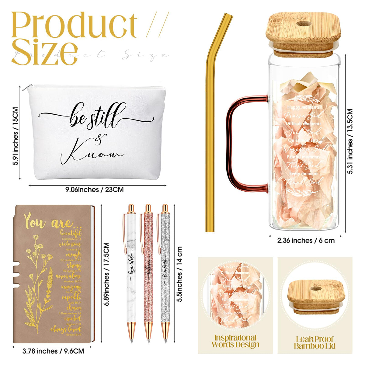 Skylety 6 Pcs Christian Gifts Set for Women Prayer Journal with Pens Makeup Bag Glass Cup Bible Study Supplies for Church Office Teacher Mother's Day Birthday Graduation Religious Gifts(Brown)