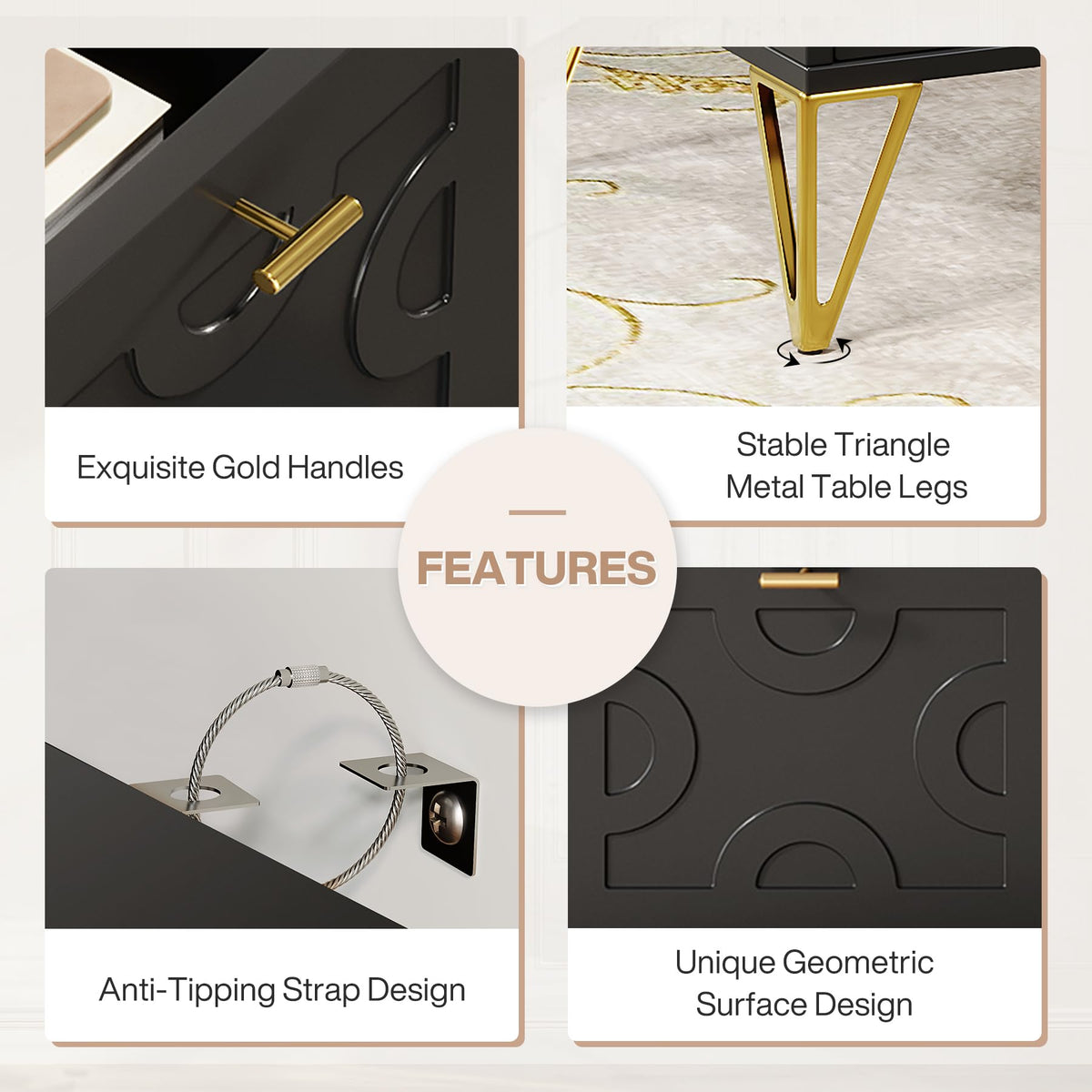 Tribesigns 59-Inch Black Executive Computer Desk with 4 File Drawers Storage, Modern Writing Table, Luxury Desk with Gold Legs for Home Office