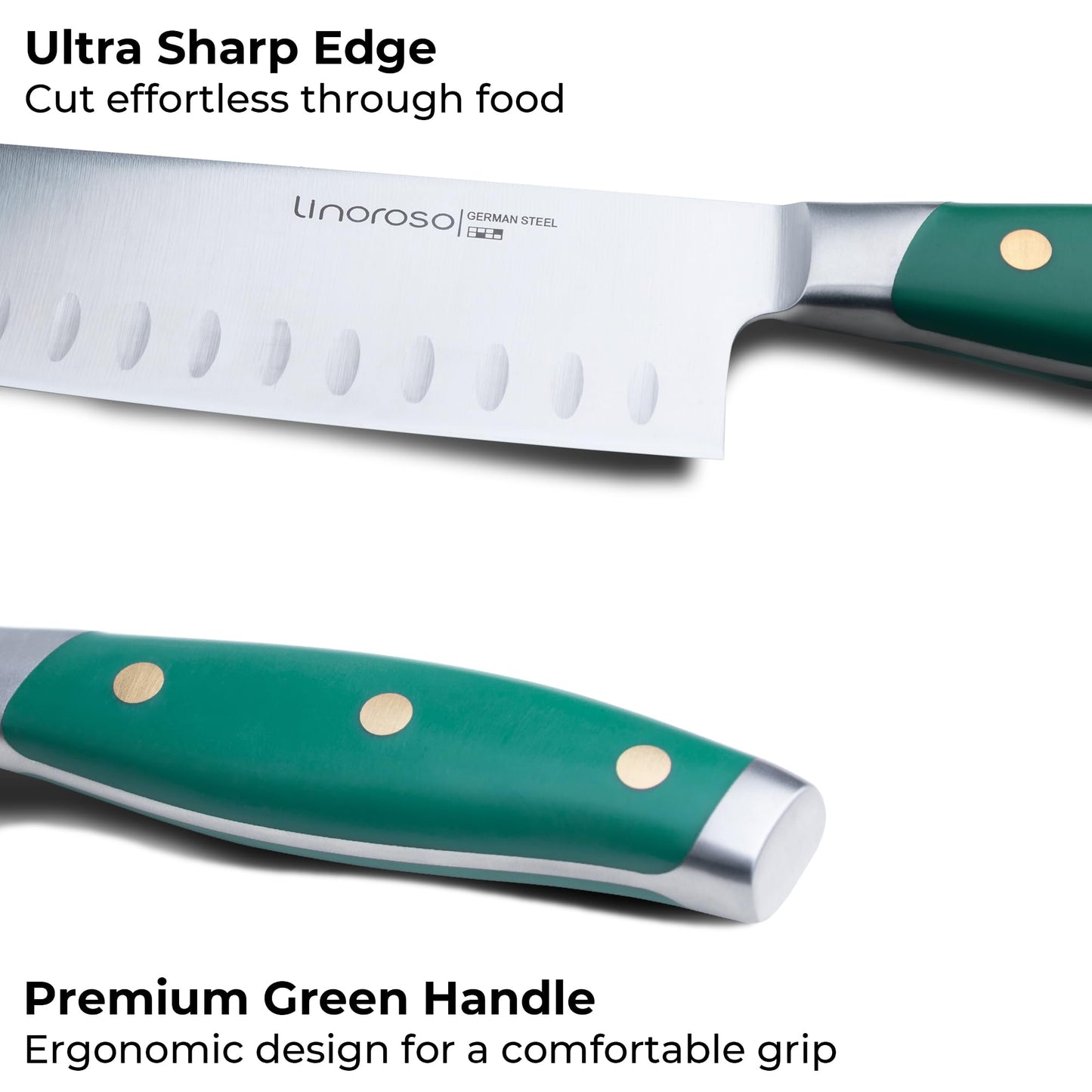 linoroso Santoku Knife 7 inch Meat Kitchen Chef Knife with Premium Gift Box, Vegetables Knives High Carbon Stainless Steel Sharp Knife with Ergonomic Green Handle, Christmas Gifts for Women and Men