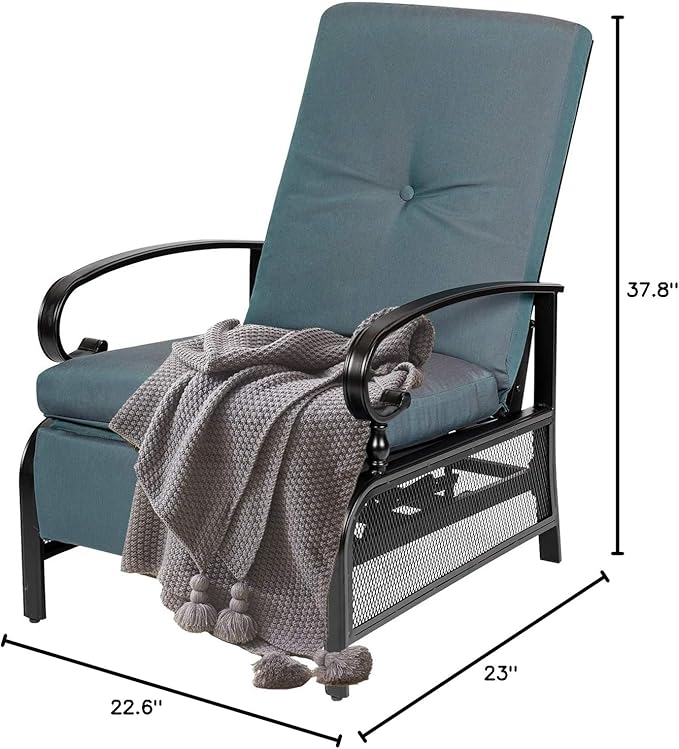 Oakcloud Adjustable Outdoor Lounge Chair Metal Patio Relaxing Recliner Chair with Removable Cushions(Peacock Blue)