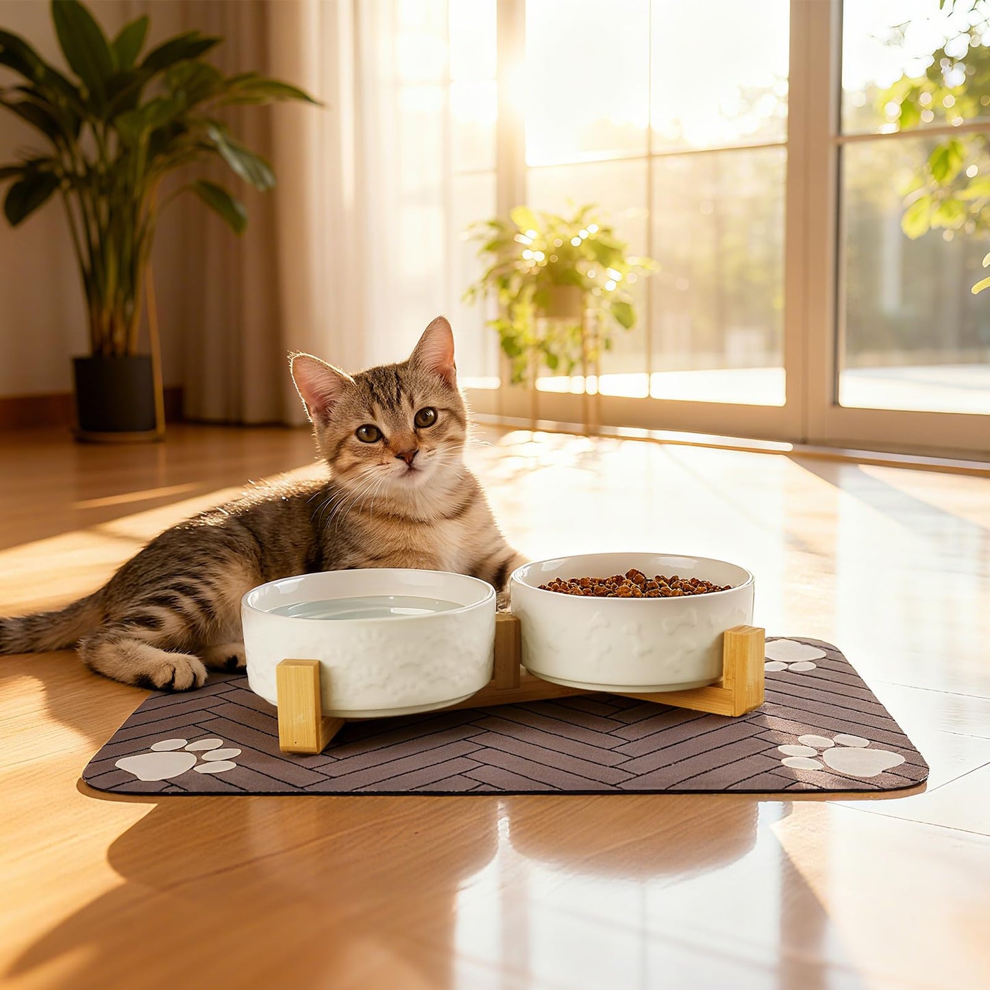 XIHAN Dog Bowls Set with Wood Stand & Mat Waterproof, 3.5 Cups Ceramic Dog Bowls Elevated for Medium Dogs, Dual Food and Water Bowls with Weighted Non-Slip Base 28.7 OZ