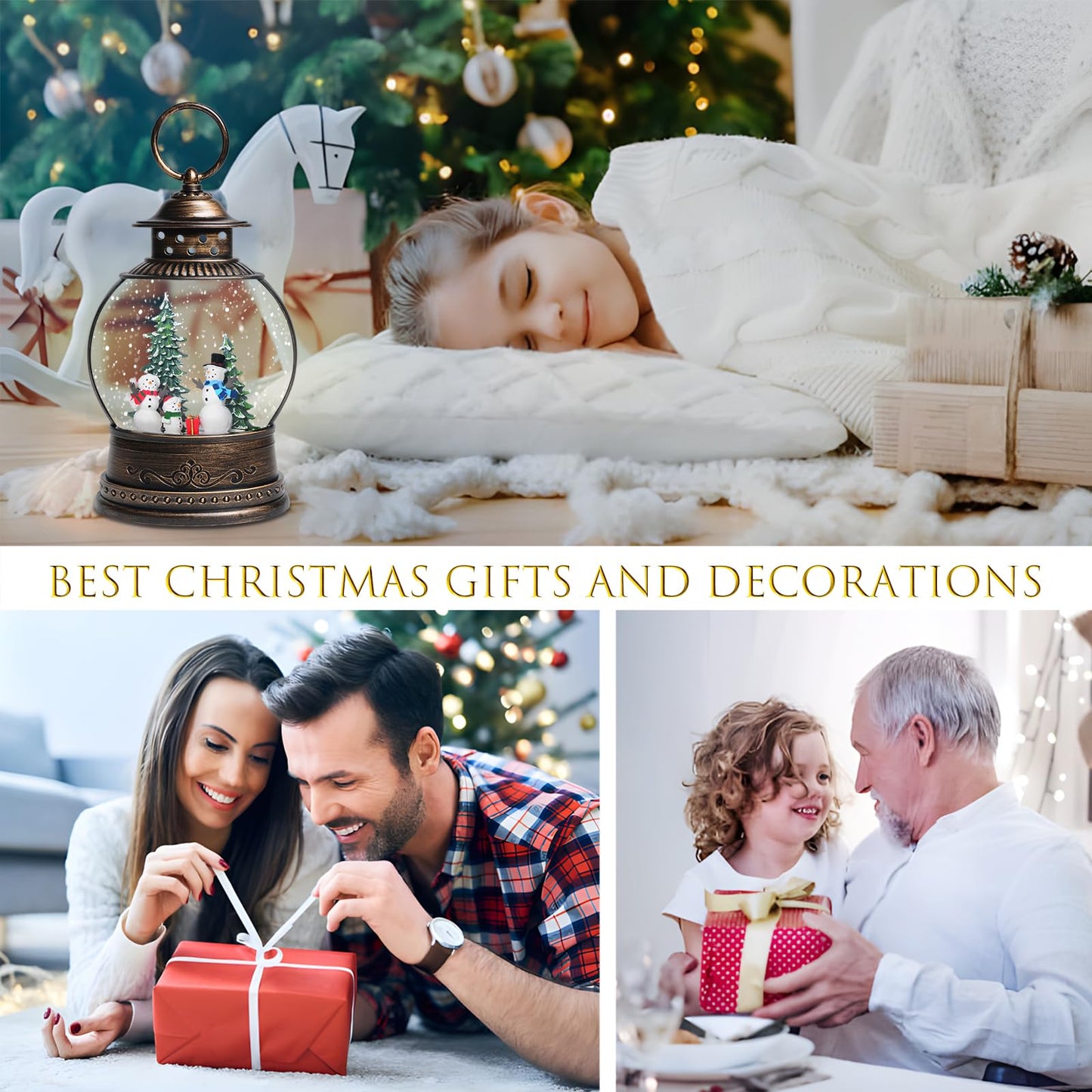 Snow Globes, Snowman Family,Glitter Water Christmas Lantern with 8 Songs, 6H Timer Battery & USB Powered Music Box,Gifts for Men and Kids, Indoor Christmas Decorations