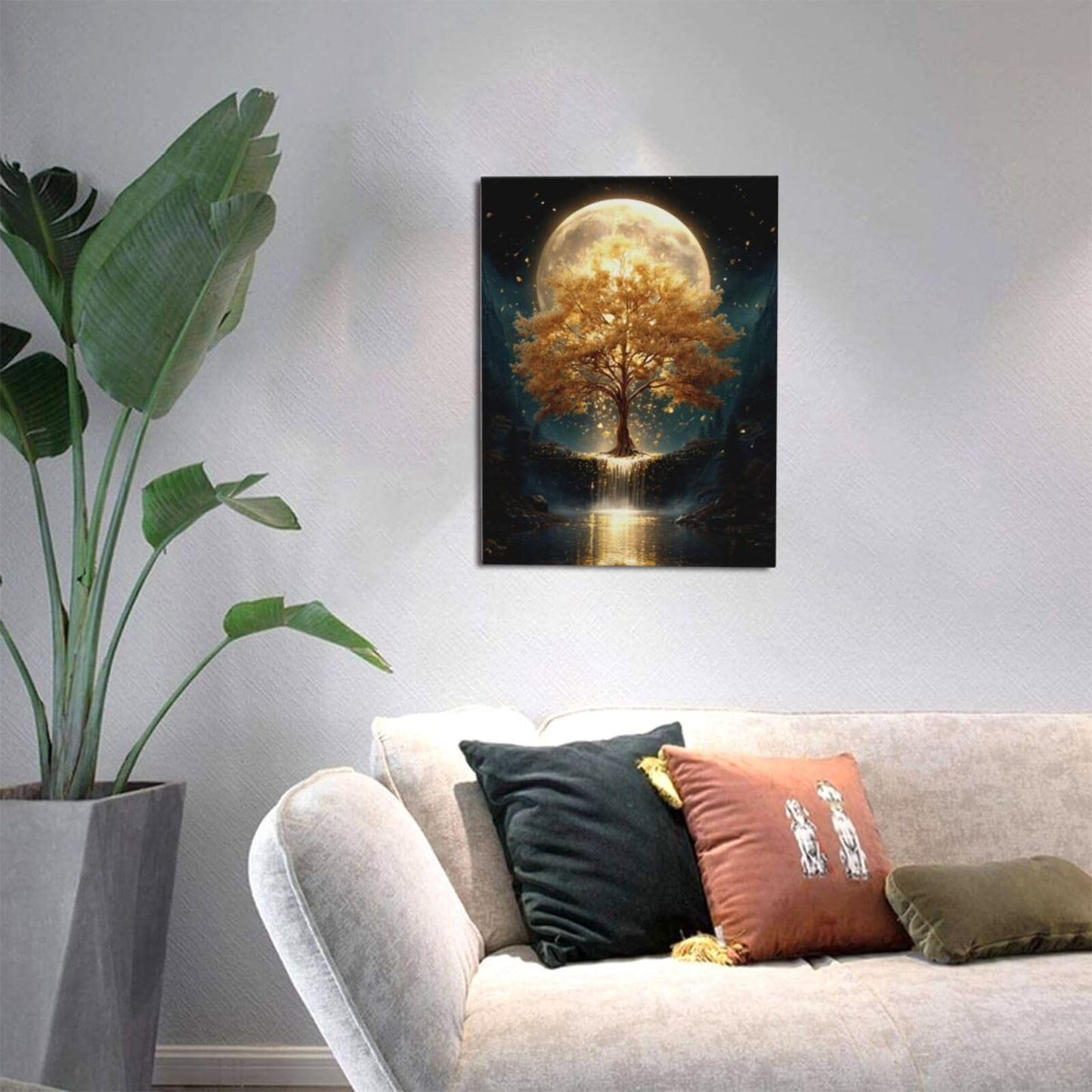 Golden Tree Wall Art Fantasy Tree with Moon and Waterfall Canvas Wall Decor Pictures Paintings Prints Mystical Nature Artwork Framed De corations For Meditation Space Bathroom Bedroom Living Room Office Gifts 12" x 16"