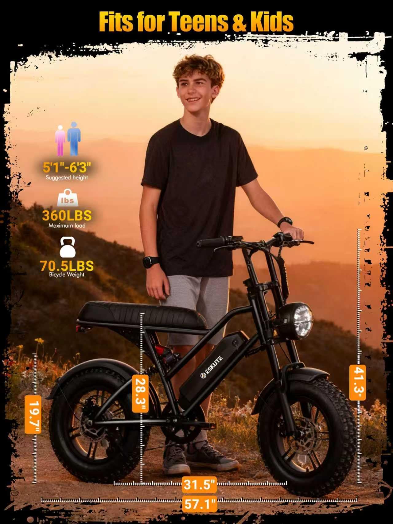 ESKUTE V100 Electric Bike for Adults, Electric Dirt Bike 1500W Peak Motor, All Terrain Dual Suspension E Bike 20+MPH Speed, Ebike Up to 60 Miles Range, 16" Fat Tire, 48V13Ah Battery, 7-Speed,Black