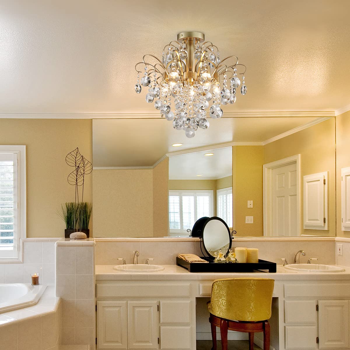WUZUPS Crystal Chandelier Flushmount Ceiling Light Modern Lighting Fixture for Bedroom Hallway Bar Kitchen Bathroom, H 17.5'' x W 19.3'', E12 Base, Gold